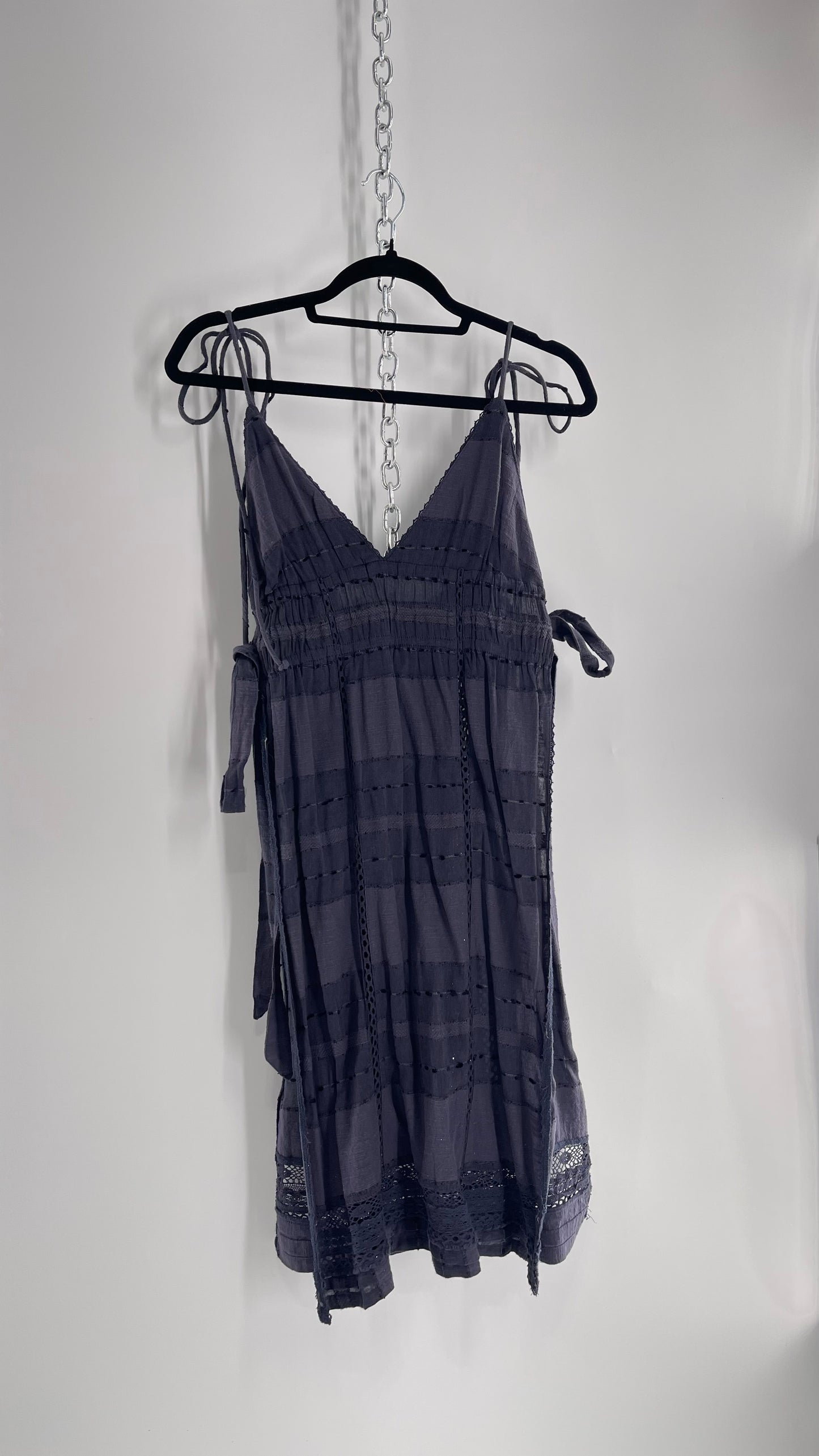 Free People Navy Blue Cotton Lace and Embroidered Open Tie Side Dress (M)