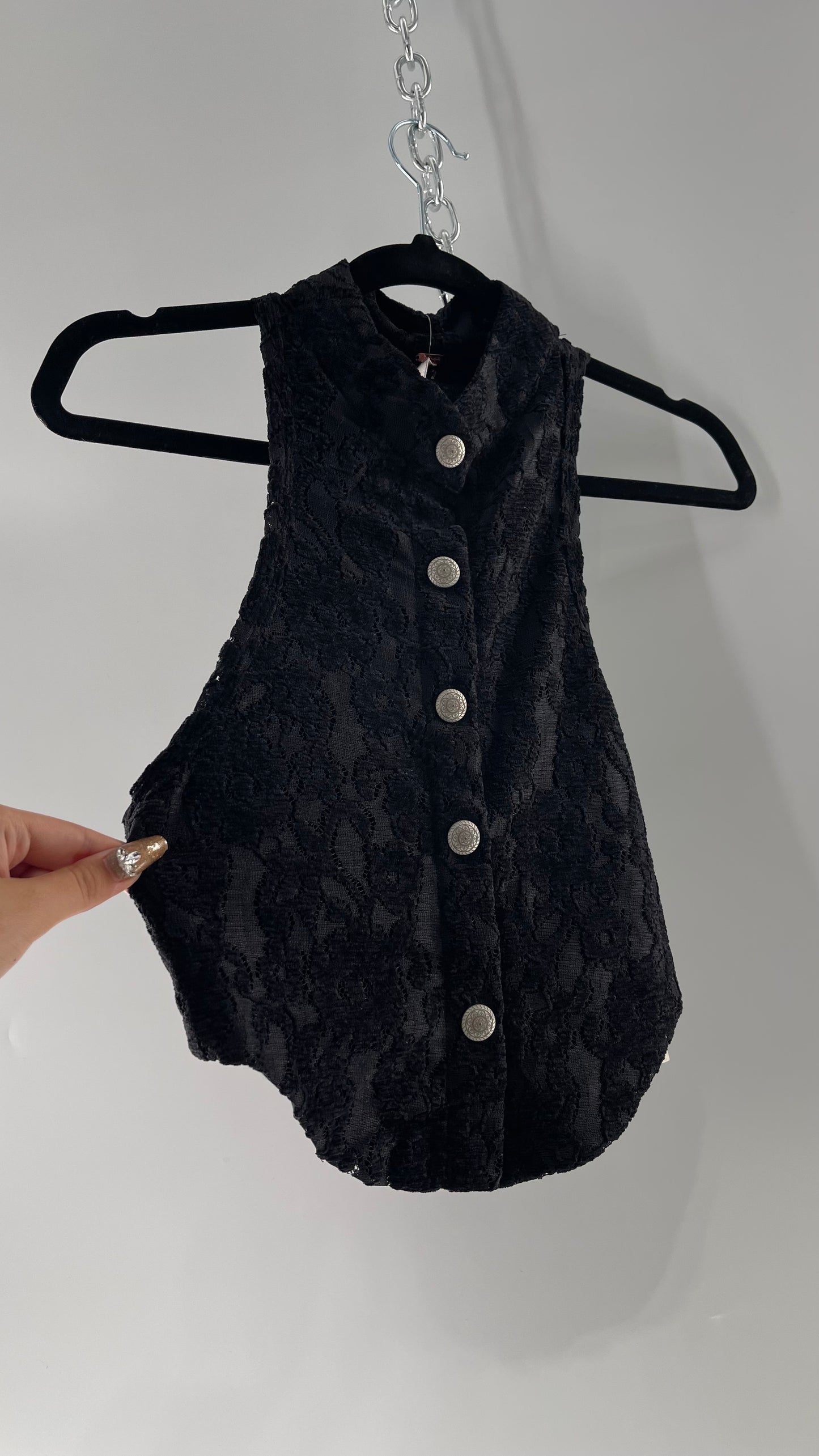 Free People Black Velvet Lace Sleeveless with Metal Buttons (Small)