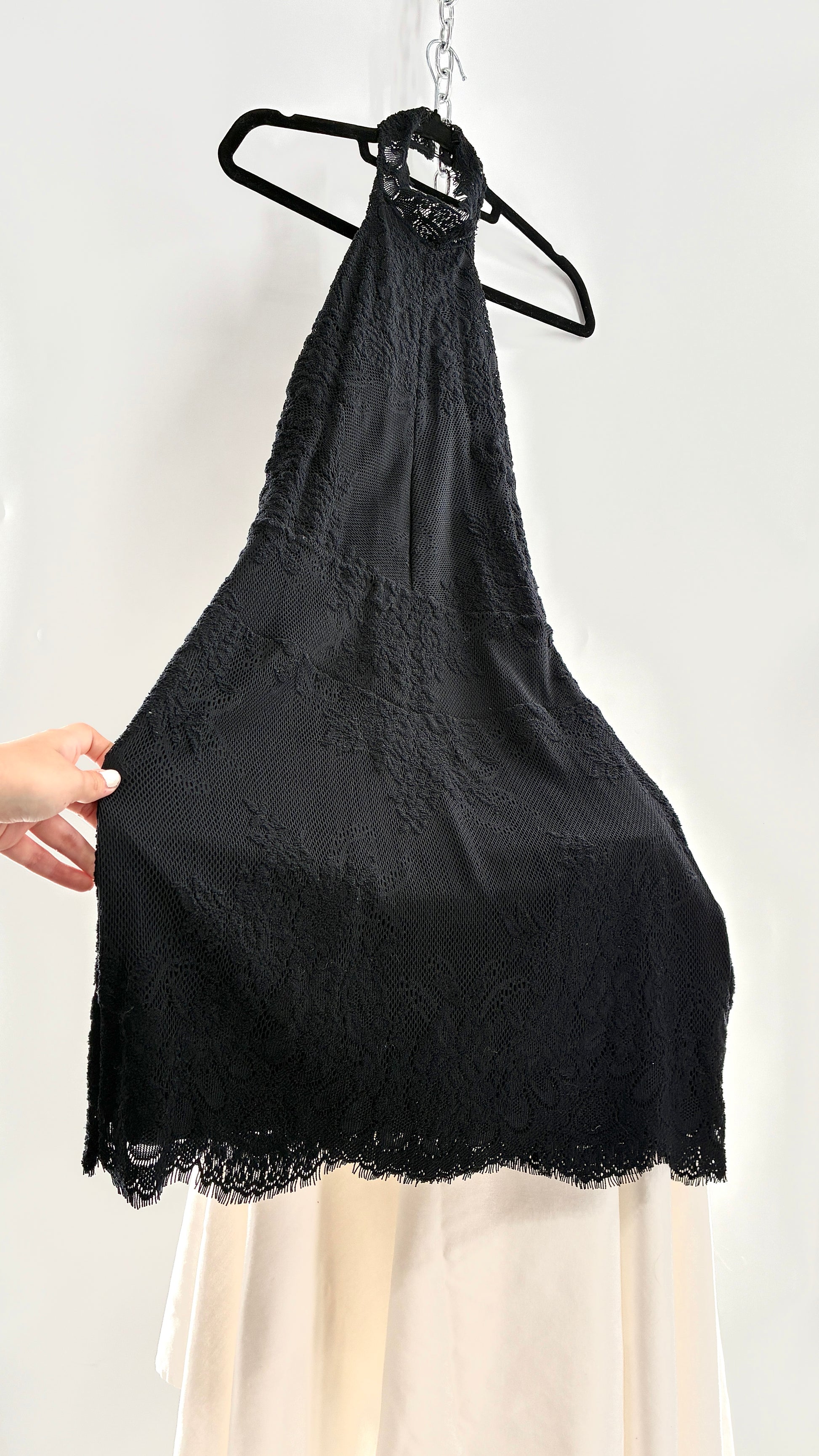 Free People Black Lace Halter Mini Dress with Open Back (Medium) The Thrifty Hippy Free People Black Lace Halter Mini Dress with Open Back (Medium) The Thrifty Hippy