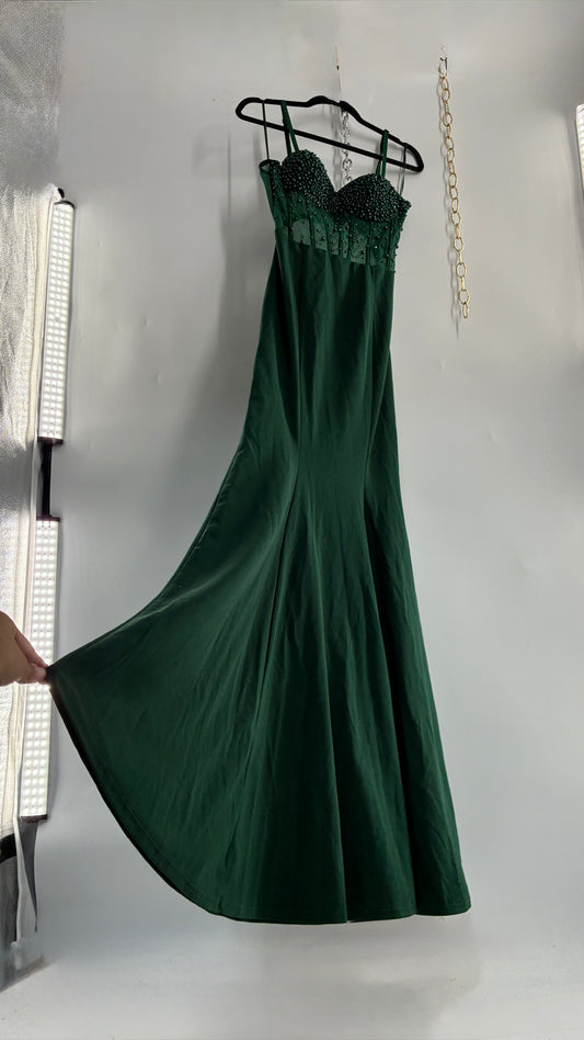 WINDSOR Green Backless Gown with Beaded Corset, Thigh Slit, and Tags Attached (Large)