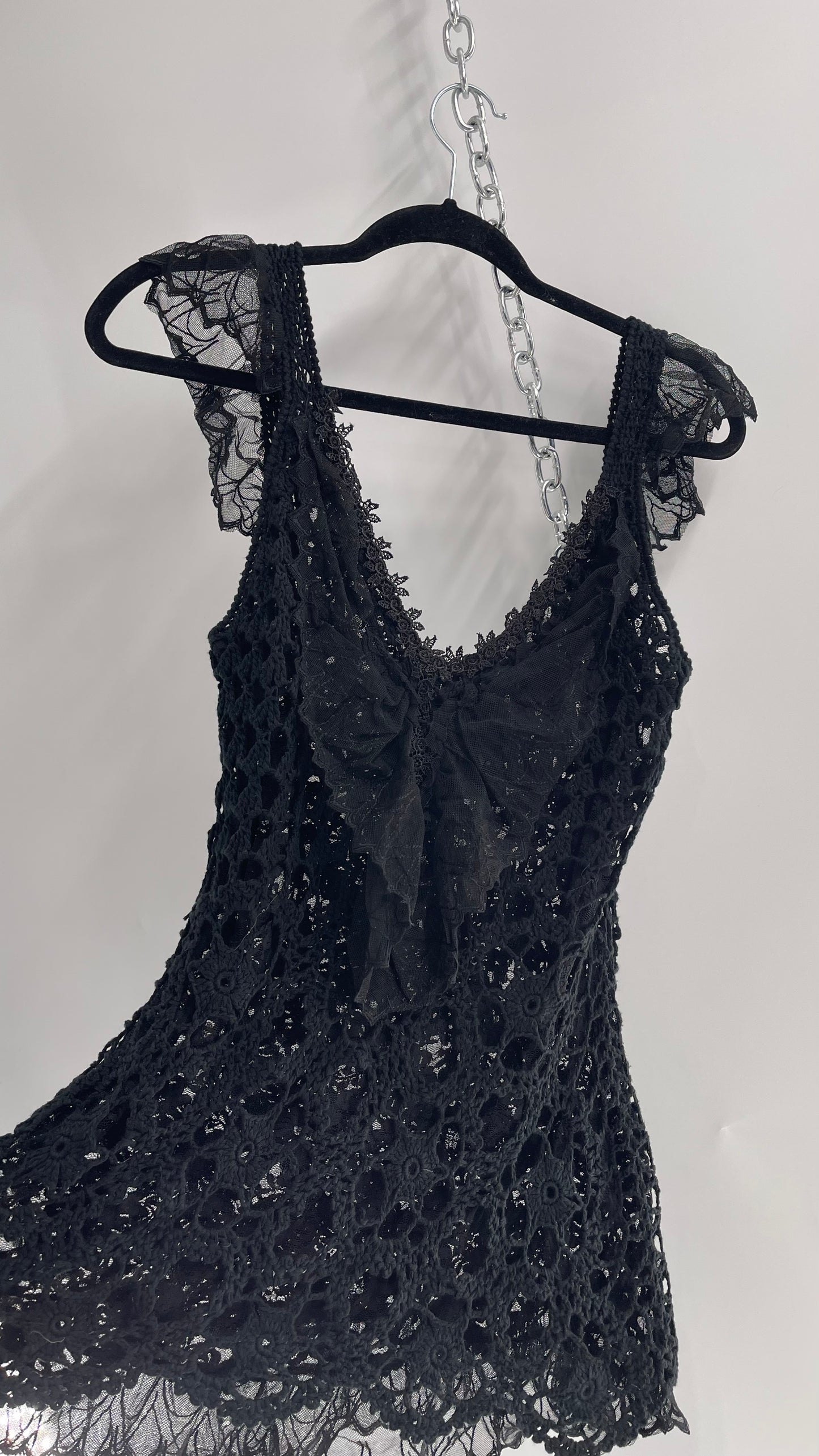 Vintage 1990s Boston Proper Black Crochet Long Tank with Lace Underlay and Ruffle Bust (Medium)