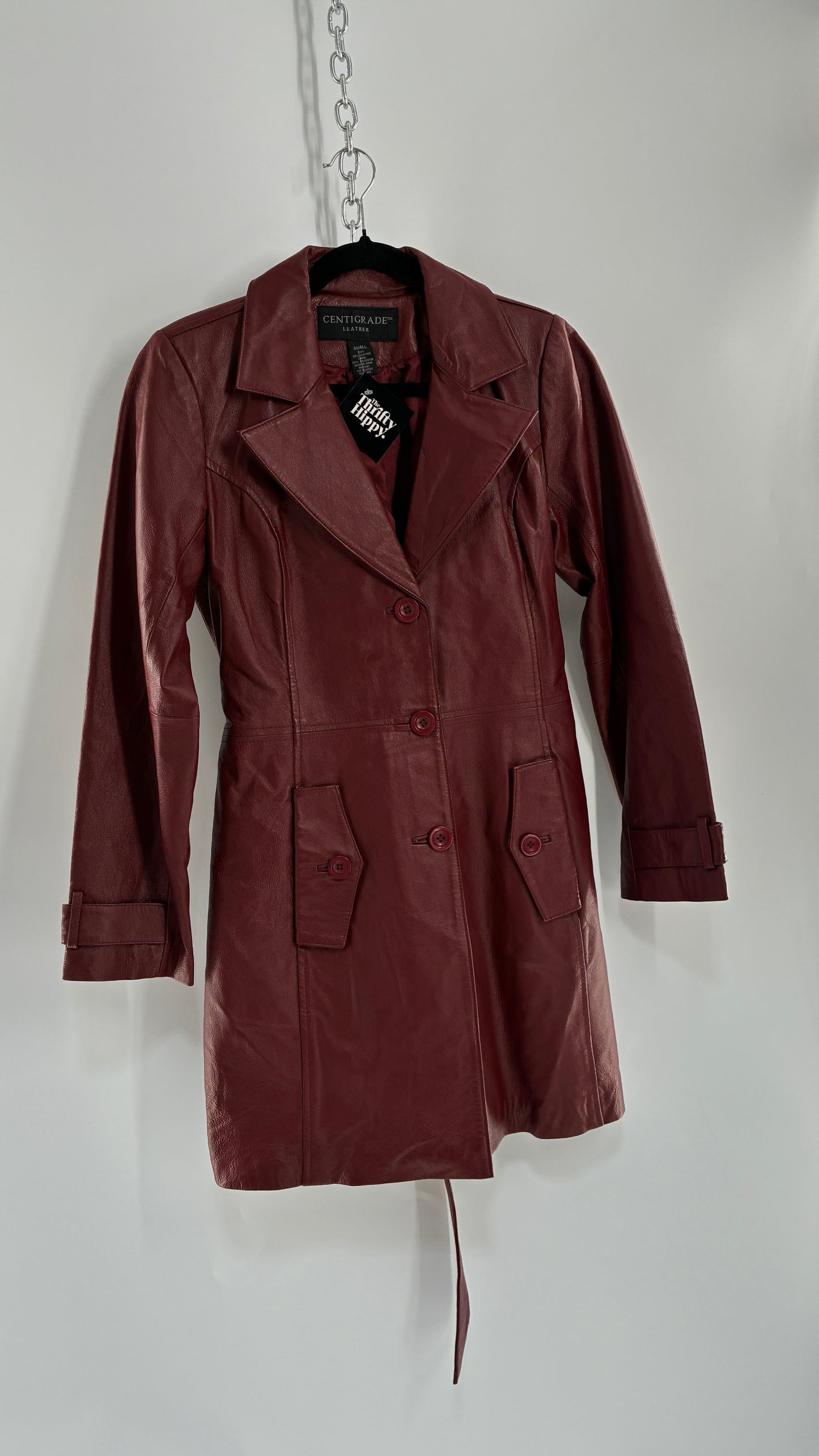 Vintage 1990s CENTIGRADE Red Crimson Genuine Leather Trench Coat (Small)