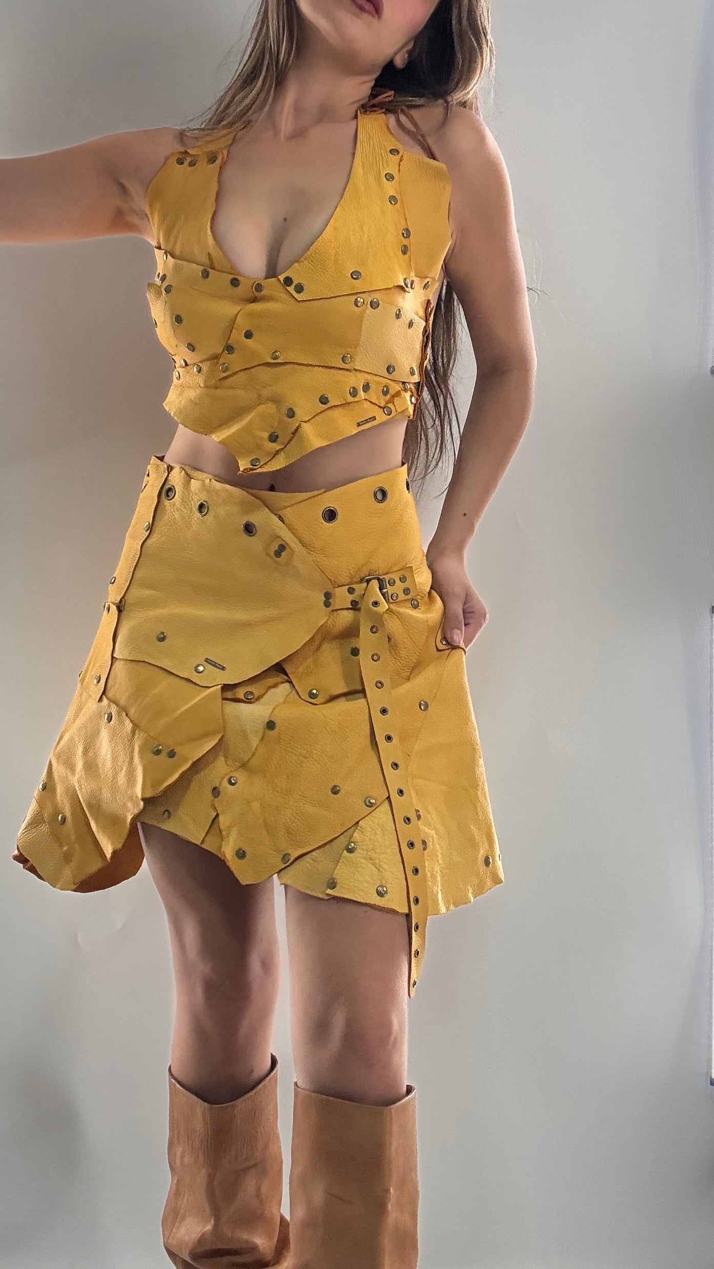 Handmade 1 of 1 and Pressed Genuine Suede and Pebbled Leather Reversible Corset Top and Grommet Skirt Set (XS-M)