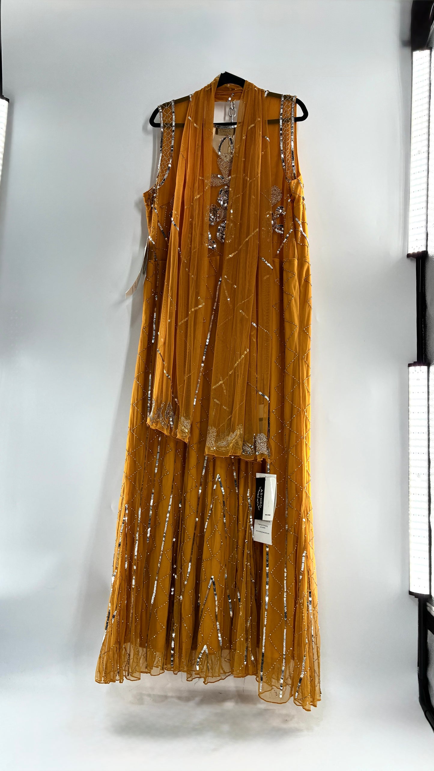 Deadstock Vintage ASHRO 1990s Mustard Yellow Dress with Sheer Back, Neck Scarf and Silver Beading (XXL)