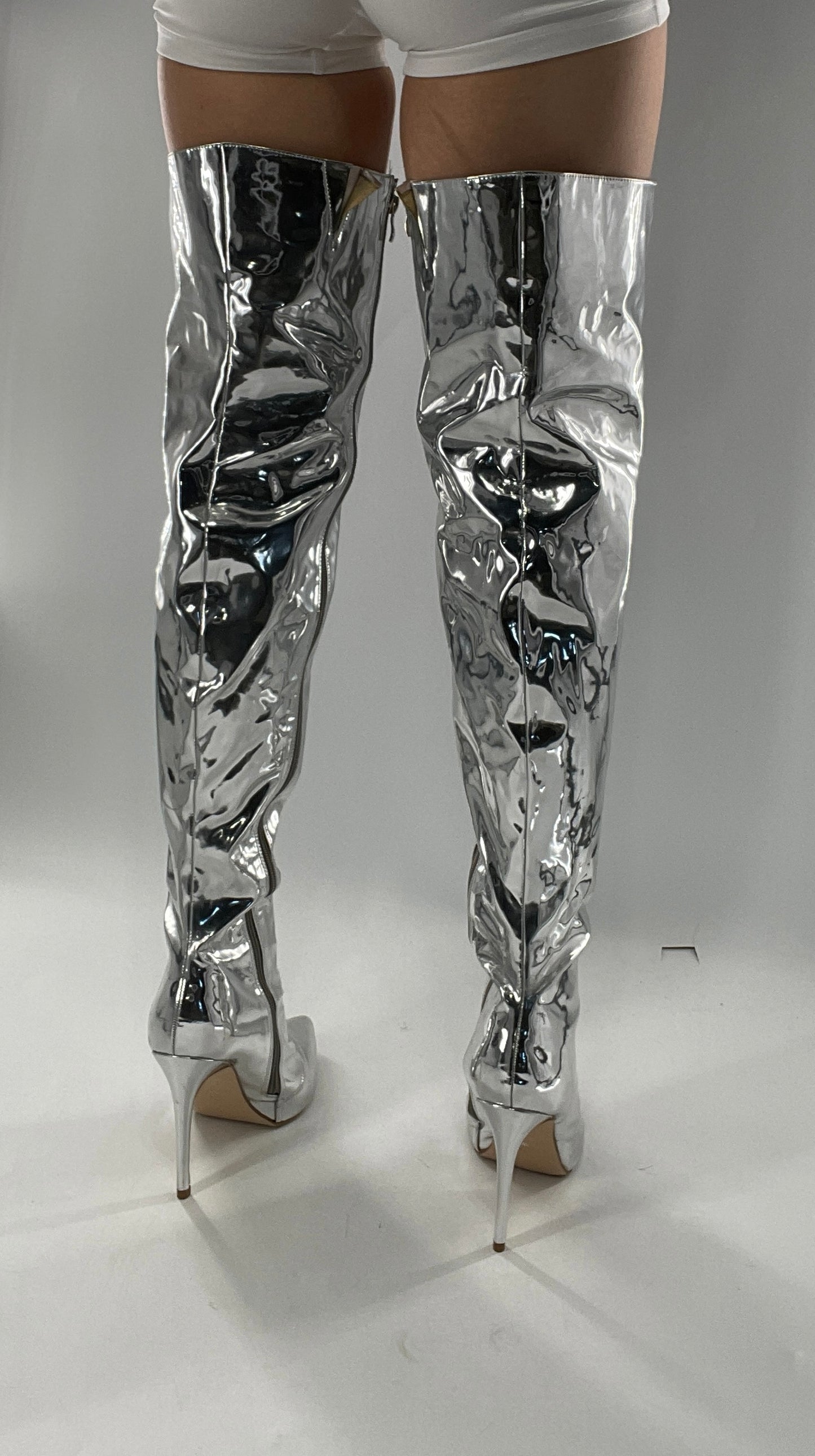 Vintage Chrome Platinum Mirrored Thigh High Molten Metal Sky High Boots Space Cadet/Concert (7)