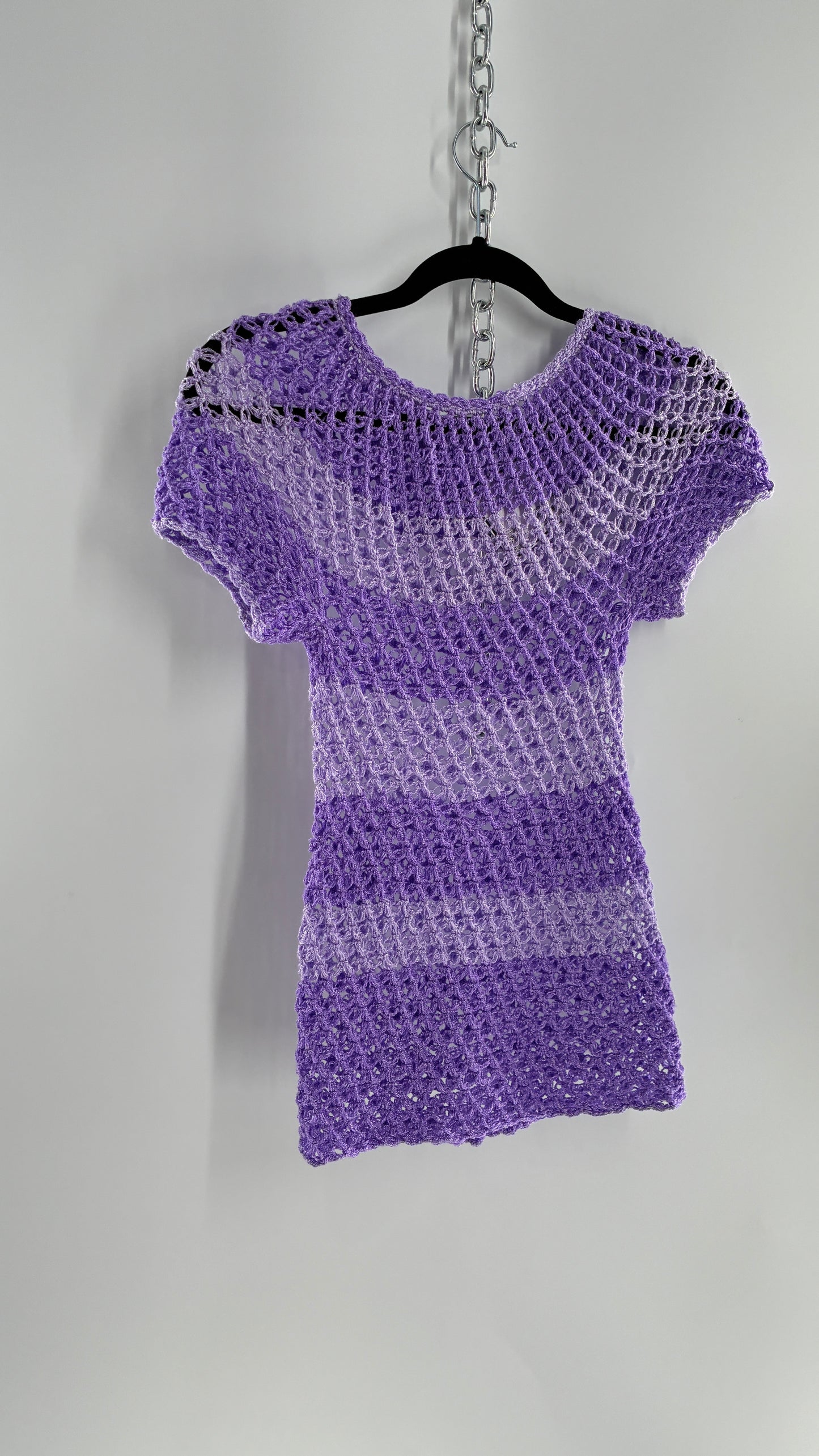 Vintage Handmade Striped Lilac and Purple Crochet Puff Sleeve Top (Small)