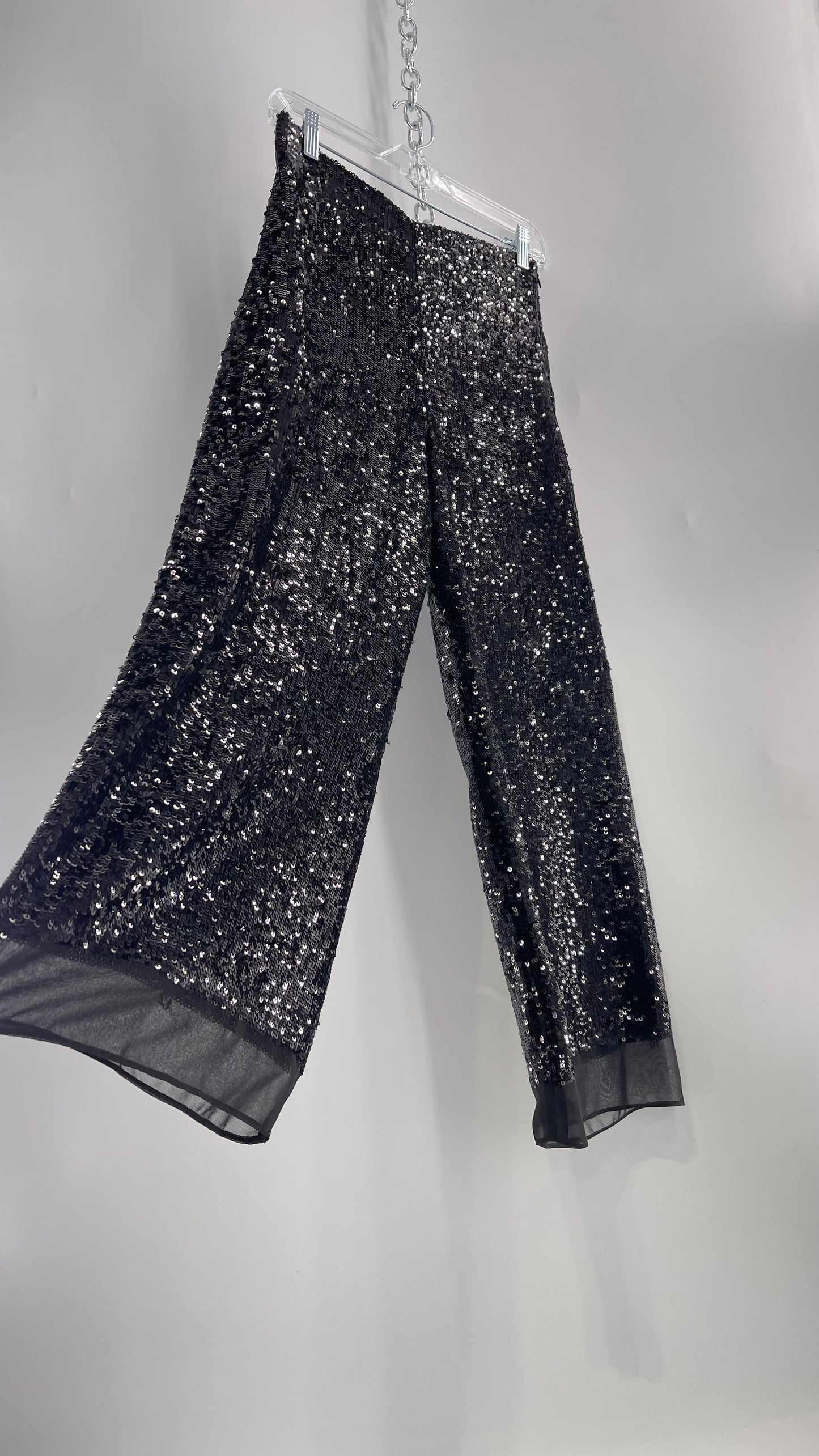 ZARA STUDIO Black Sequin Pijama Trouser with Chiffon Hem and Ribbon Lined Waist (Medium)