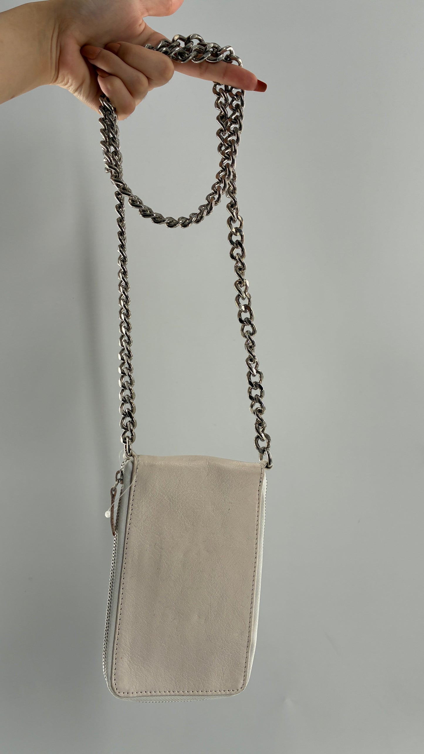 Free People Off White Leather Phone Purse with Heavy Metal Chain Strap