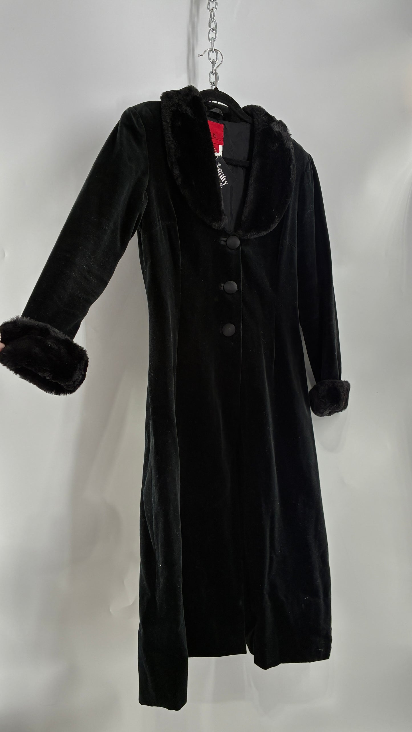Vintage JS Collection Velour Duster Coat with Deep Neckline, Vegan Fur Collar and Cuffs (Large)
