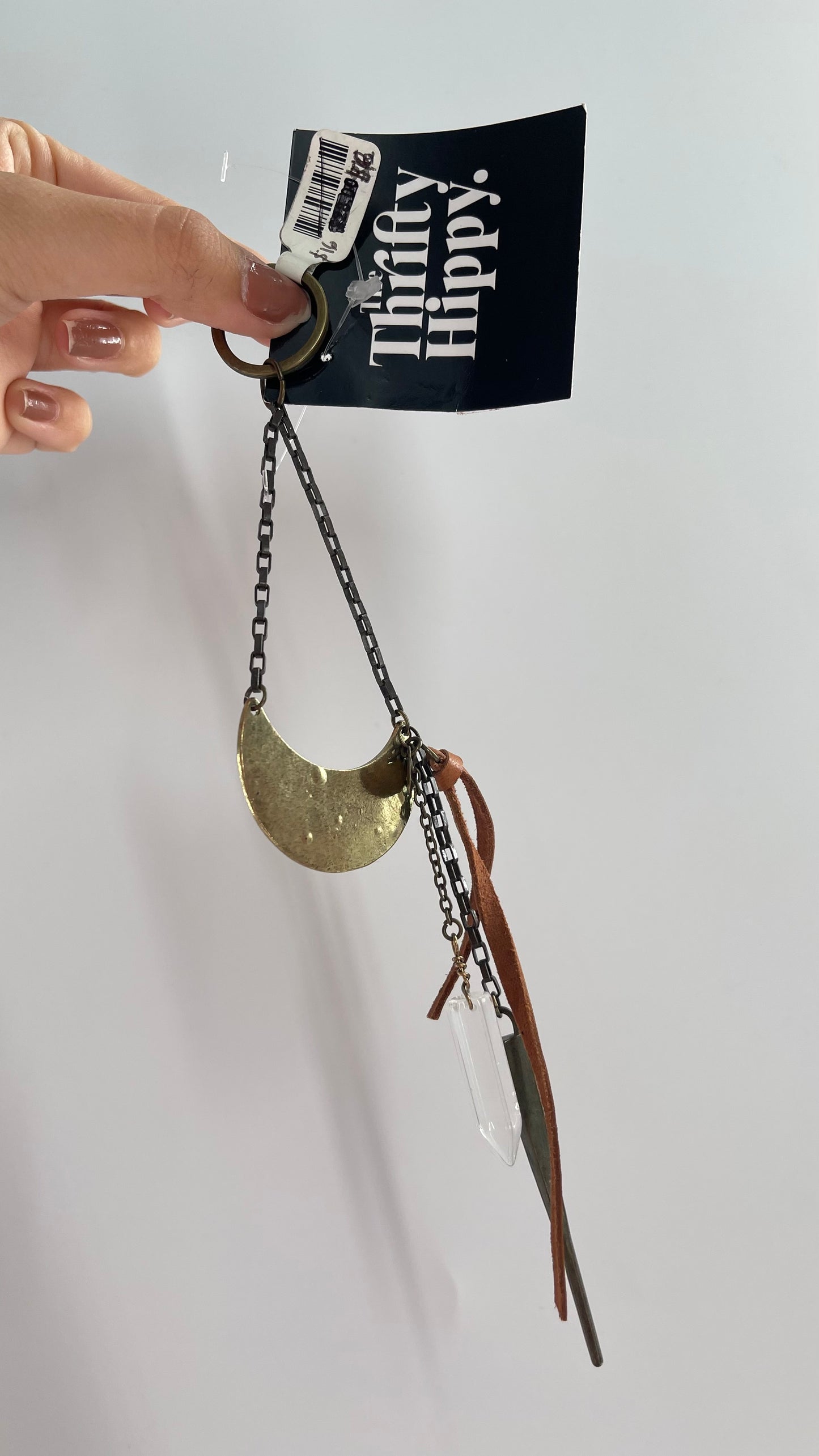 Free People Keychain with Bronze Half Moon, Crystal, and Vegan Leather Detail