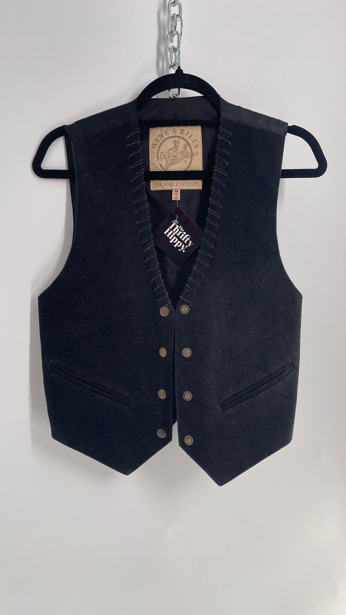 Vintage Western Mine & Bill’s Black Suede Leather Vest with Leather Stitching (Medium)