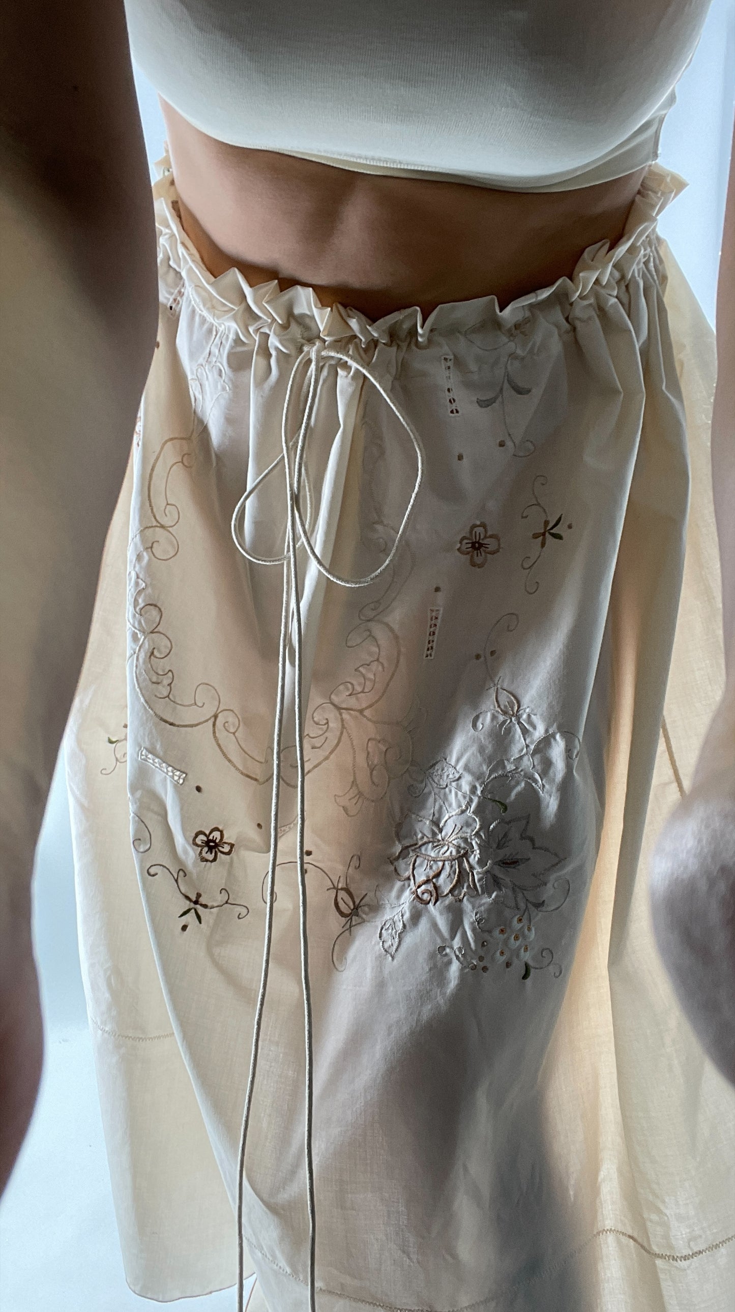 Custom Handmade Vintage Embroidered Off White Soirée Skirt (One Size)