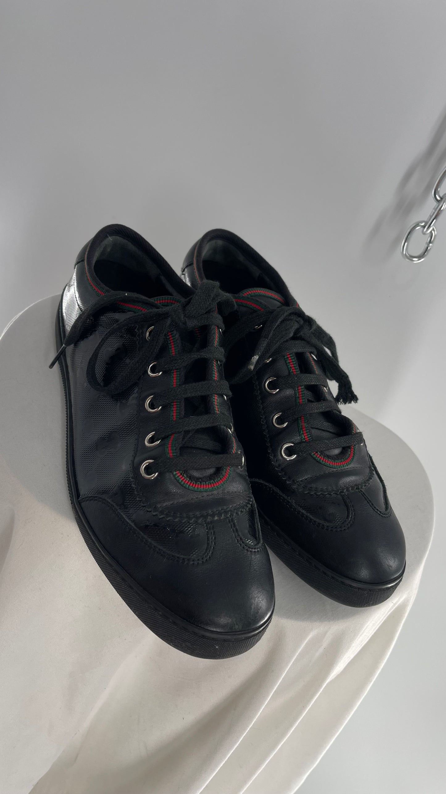 Vintage GUCCI Worn Black Leather Monogram Low Top Sneakers with Red/Green Iconic Trim (37)