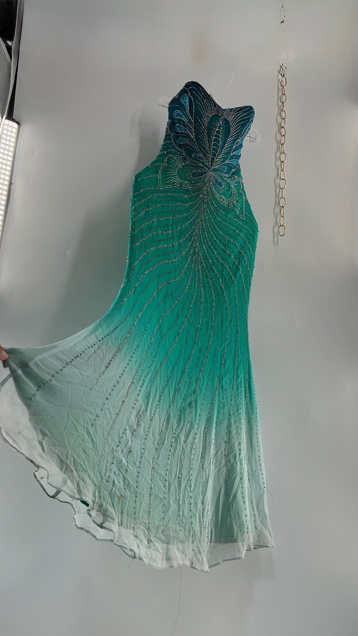 Vintage 1990s STUDIO17 100% Fully Beaded Silk Aquamarine Butterfly Dress (8)