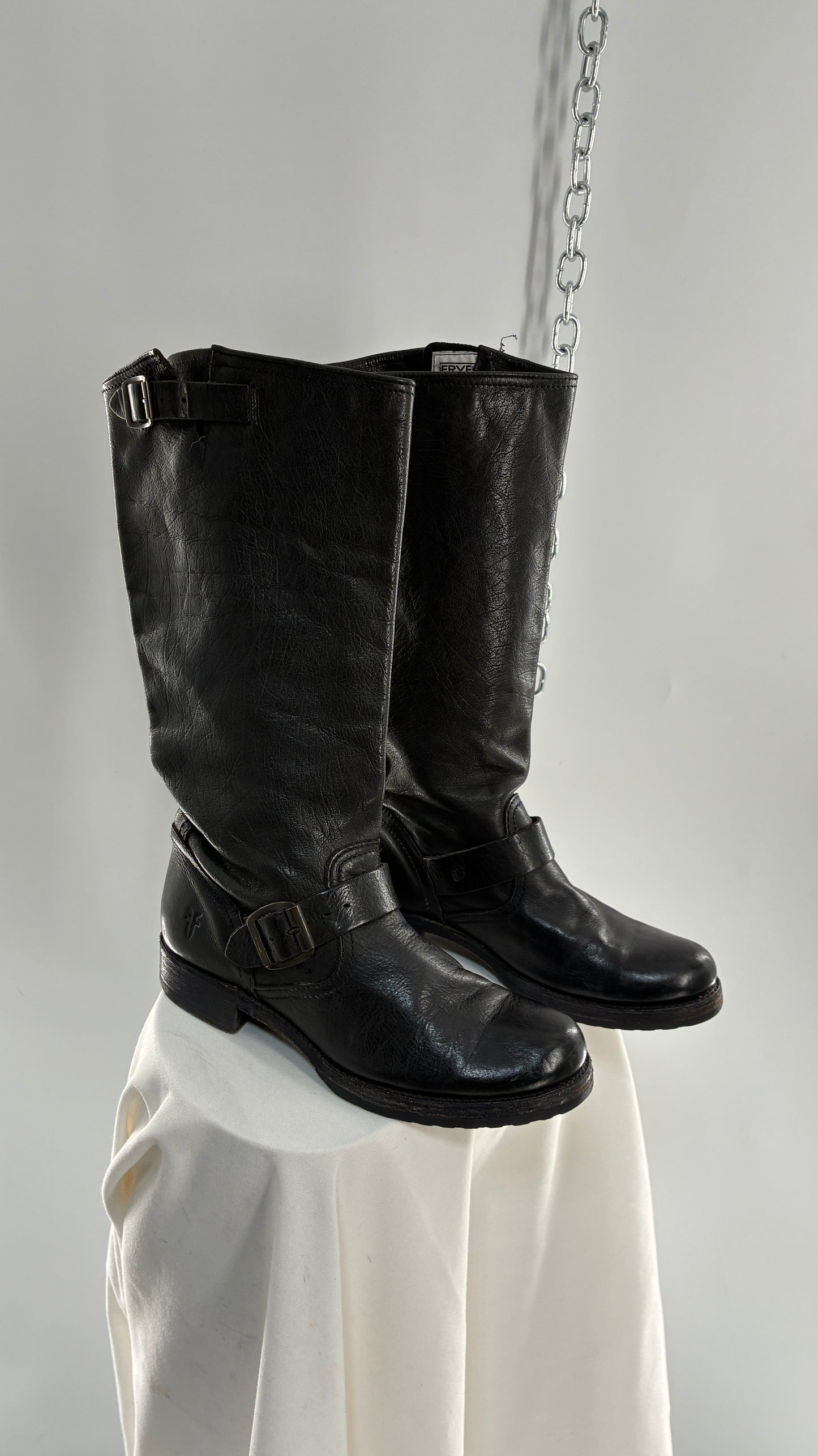 Vintage FRYE Veronica Tumble Shiny Black Leather Slouch Boot (8)