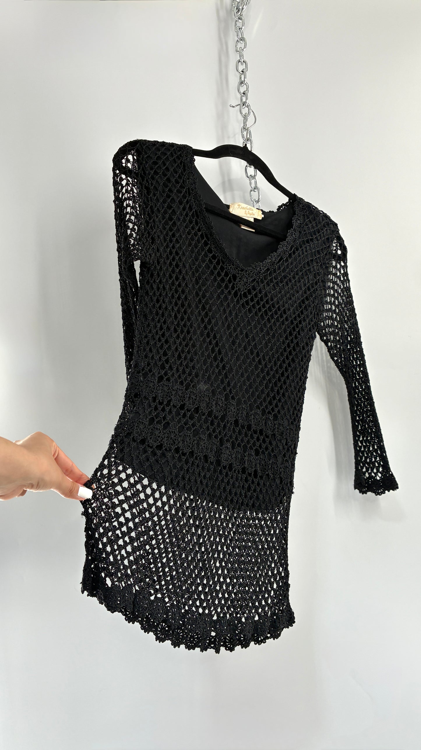 Vintage KROSHETTA by PAPILLON  Black Crochet Quarter Sleeve Blouse (Medium)