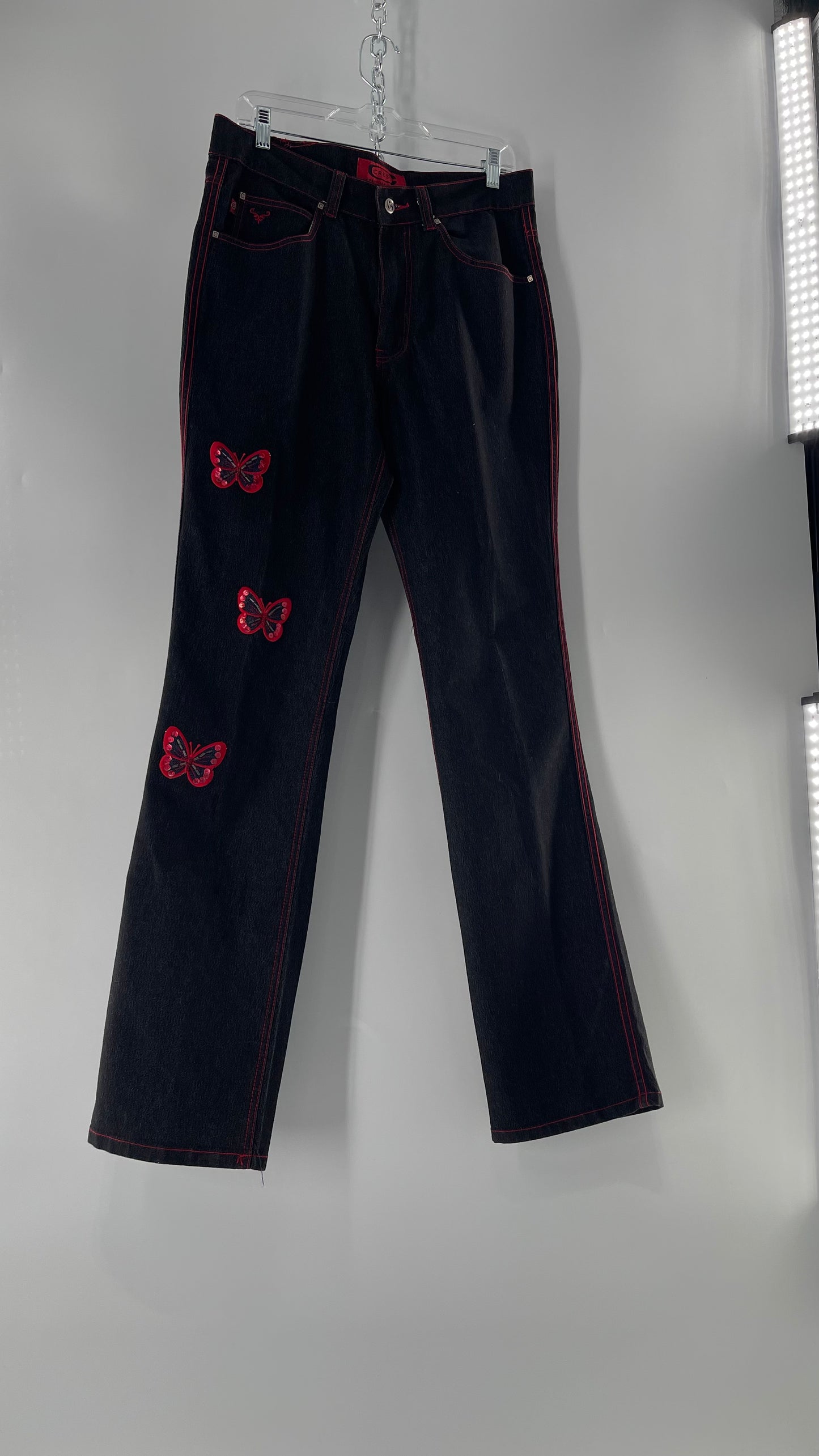 Rare Vintage Black Crest Jeans with Red Contrast Stitching and Butterfly Embroidery on Thigh and Back Pockets (14)