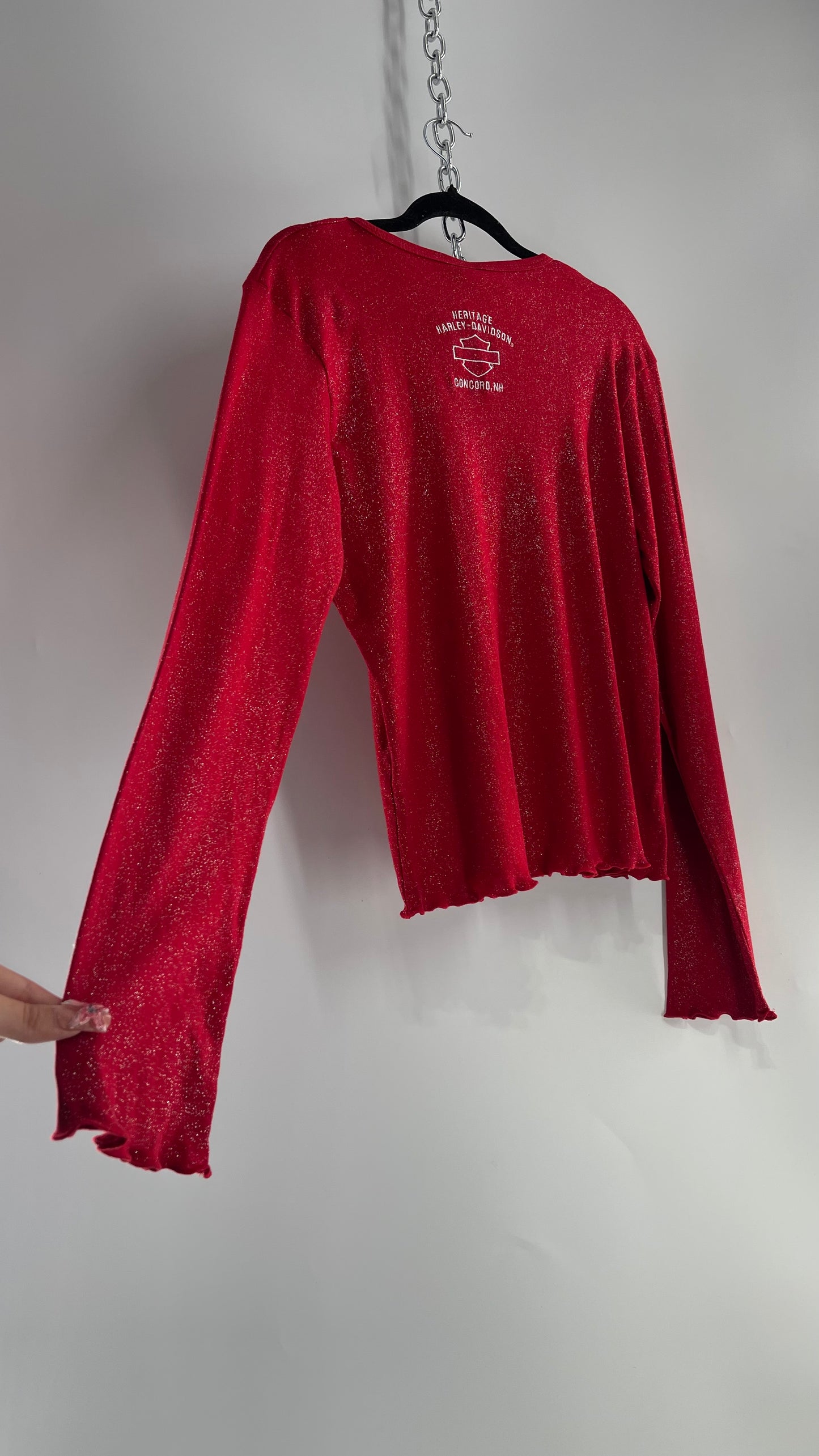 Deadstock Vintage Harley Davidson Red Glittery Embroidered Long Sleeve with Tags Attached (XL)