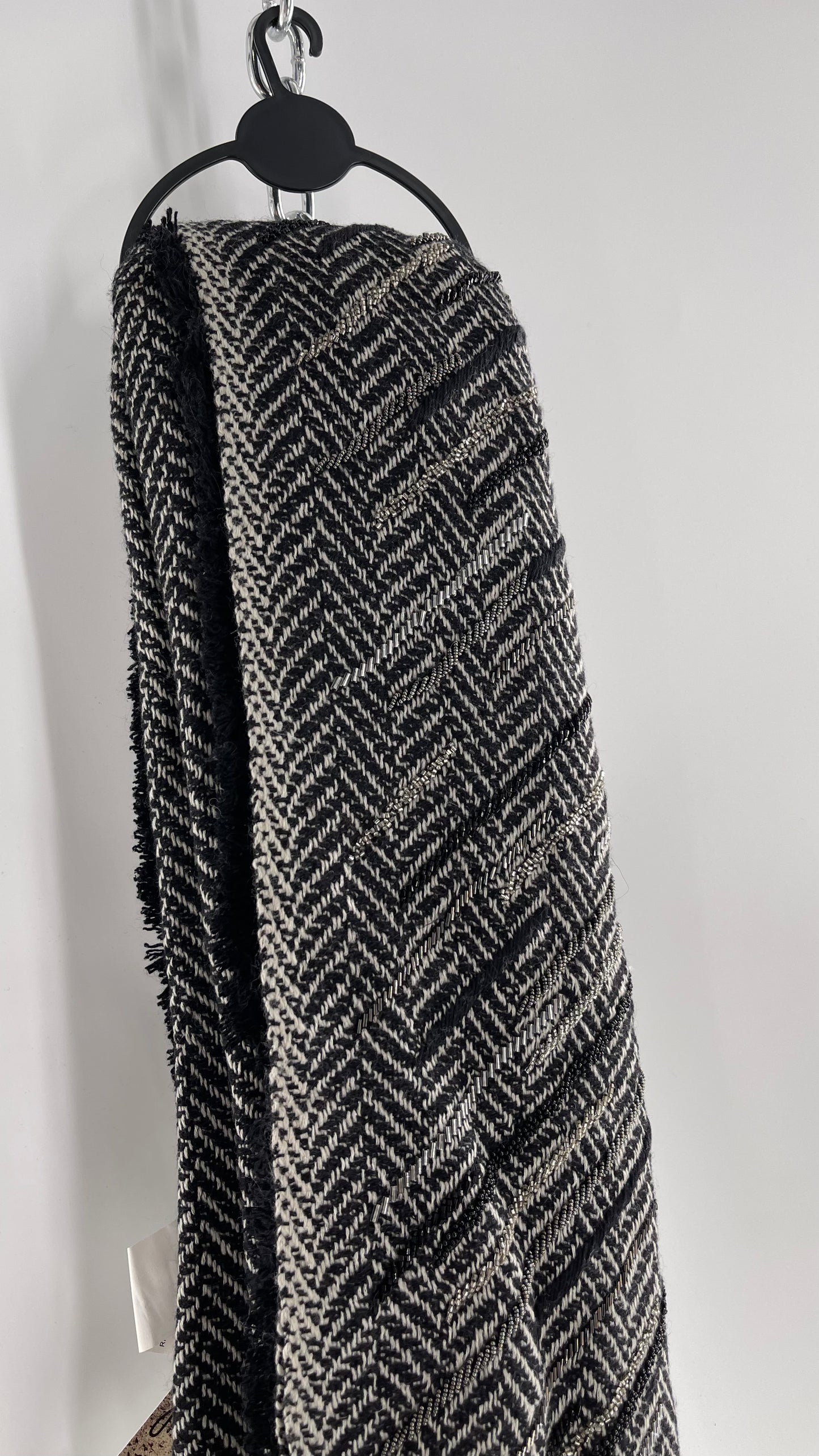 Anthropologie Pétanu Black and White 50% Cashmere 50% Silk Beaded Embellished Scarf with Tags Attached