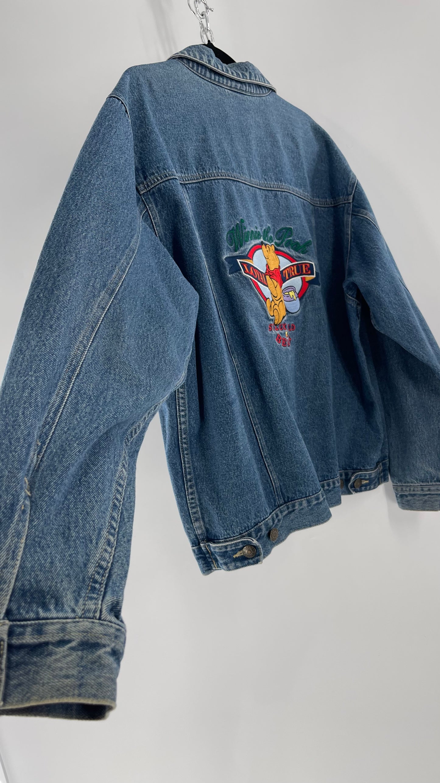 Vintage Disney Denim Jacket with Embroidered Graphic/Patches on Back and Pocket (Medium)