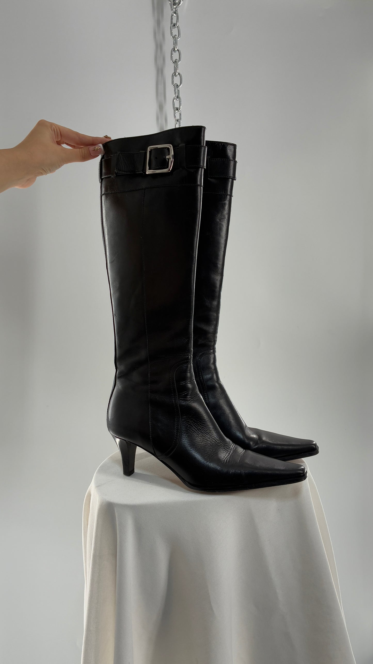 Vintage COACH Adrianna Black Leather Kitten Heel Knee High Boots (7.5)