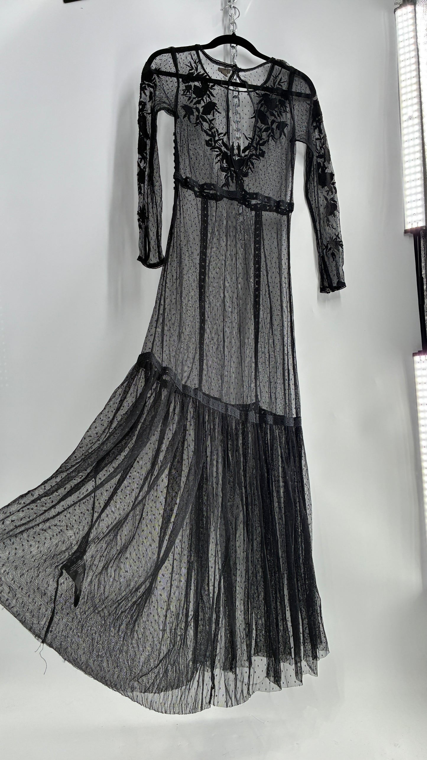 ECOTE Sheer Mesh Full Length Dress with Lace Appliqué Sleeves and Bust (Medium)
