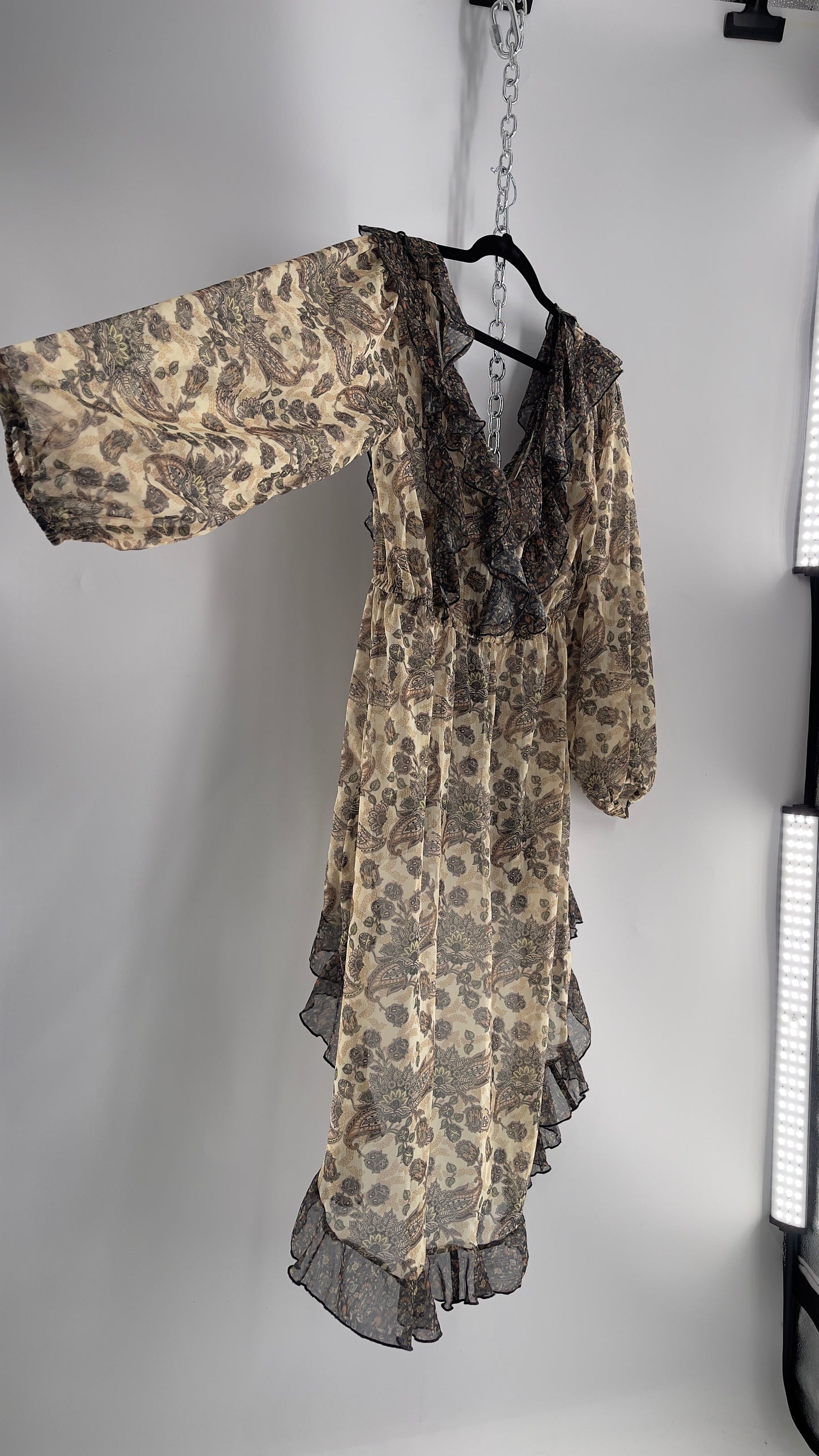 Free People Let Me Be Paisley Dual Toned High Low Sweeping Cape with Ruffled Bust and Hemline with Tags Attached (Small)