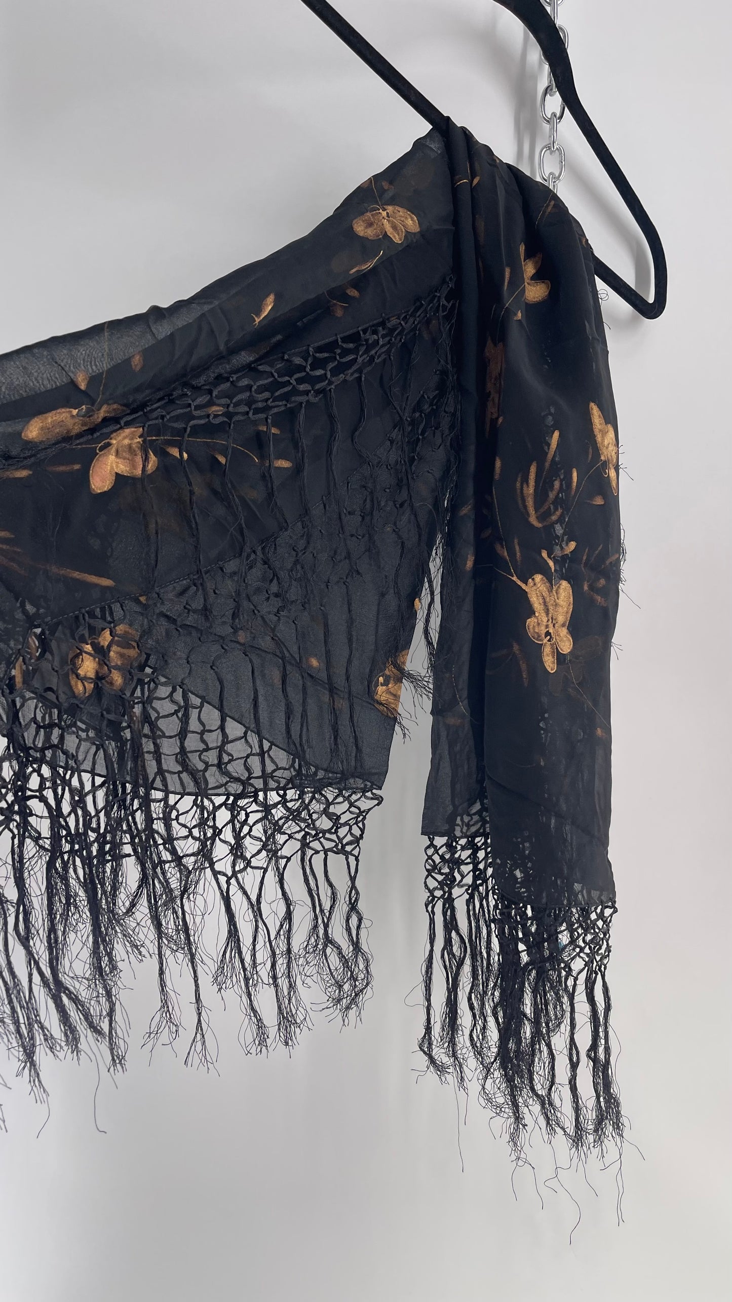 Vintage Black Fringe Scarf with Gold Painted Florals