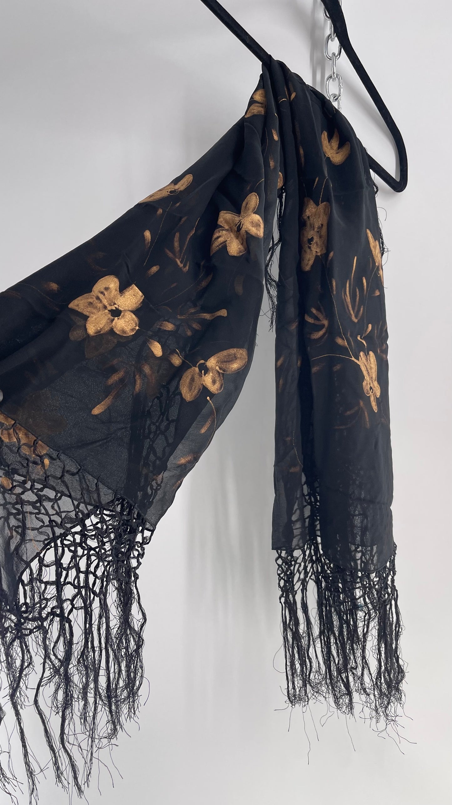 Vintage Black Fringe Scarf with Gold Painted Florals