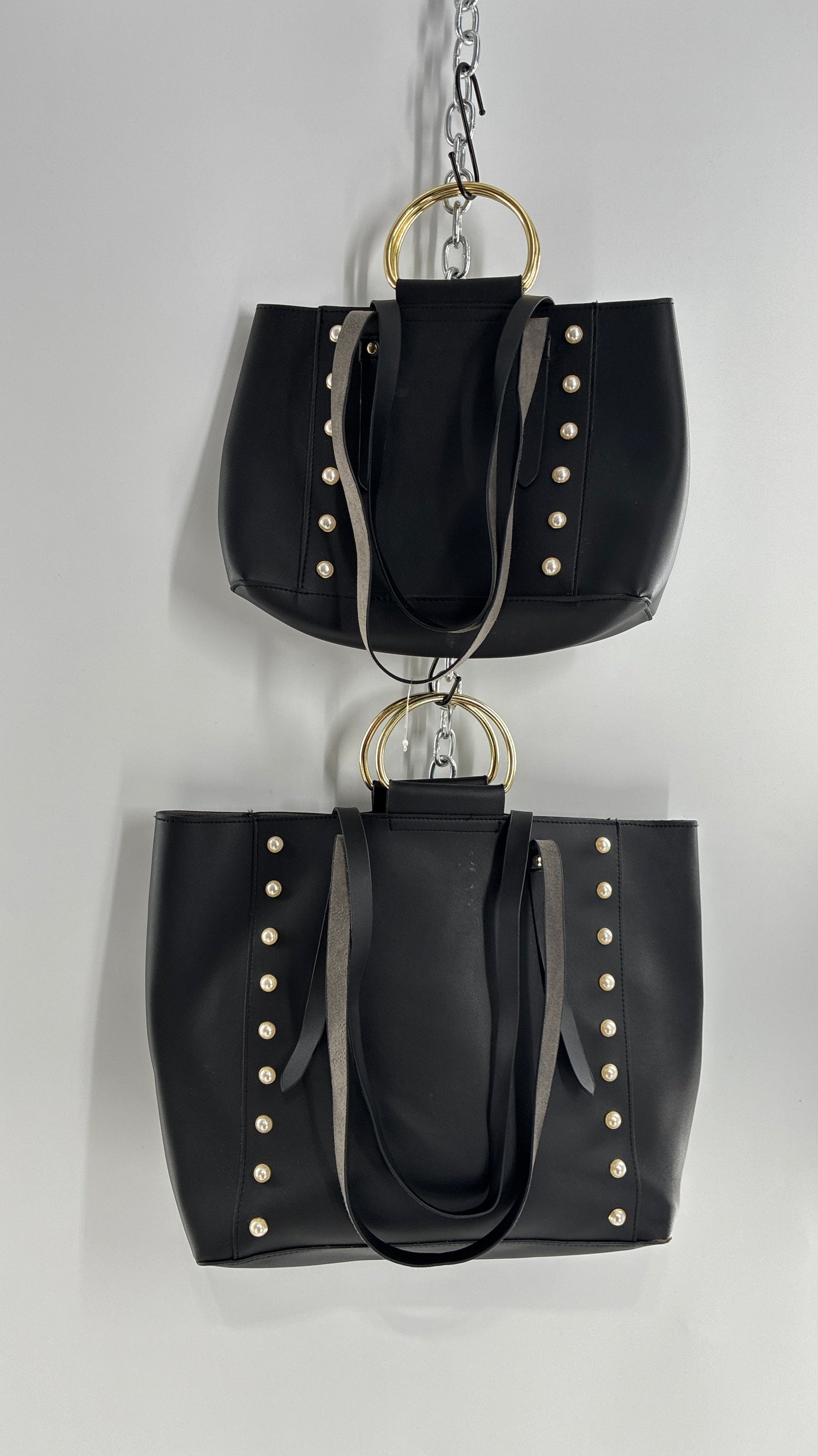 Black Vegan Leather Dual Size Purse Set with Pearl Studs
