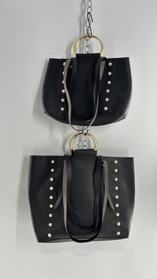 Black Vegan Leather Dual Size Purse Set with Pearl Studs