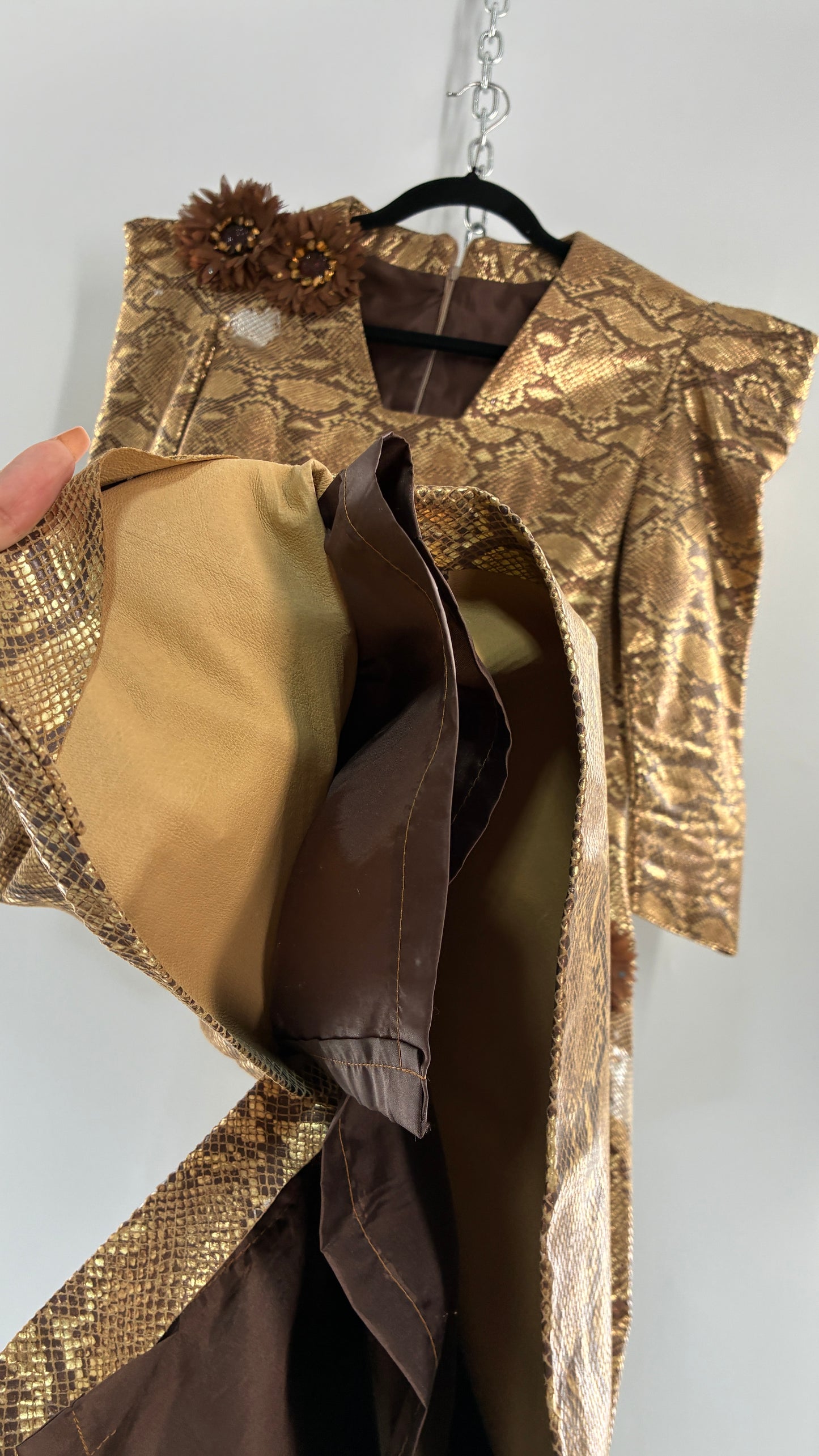 Vintage 1980s Handmade Genuine Leather Snakeskin Bronze Midi Dress with Floral Appliqués (Medium, See Measurements)