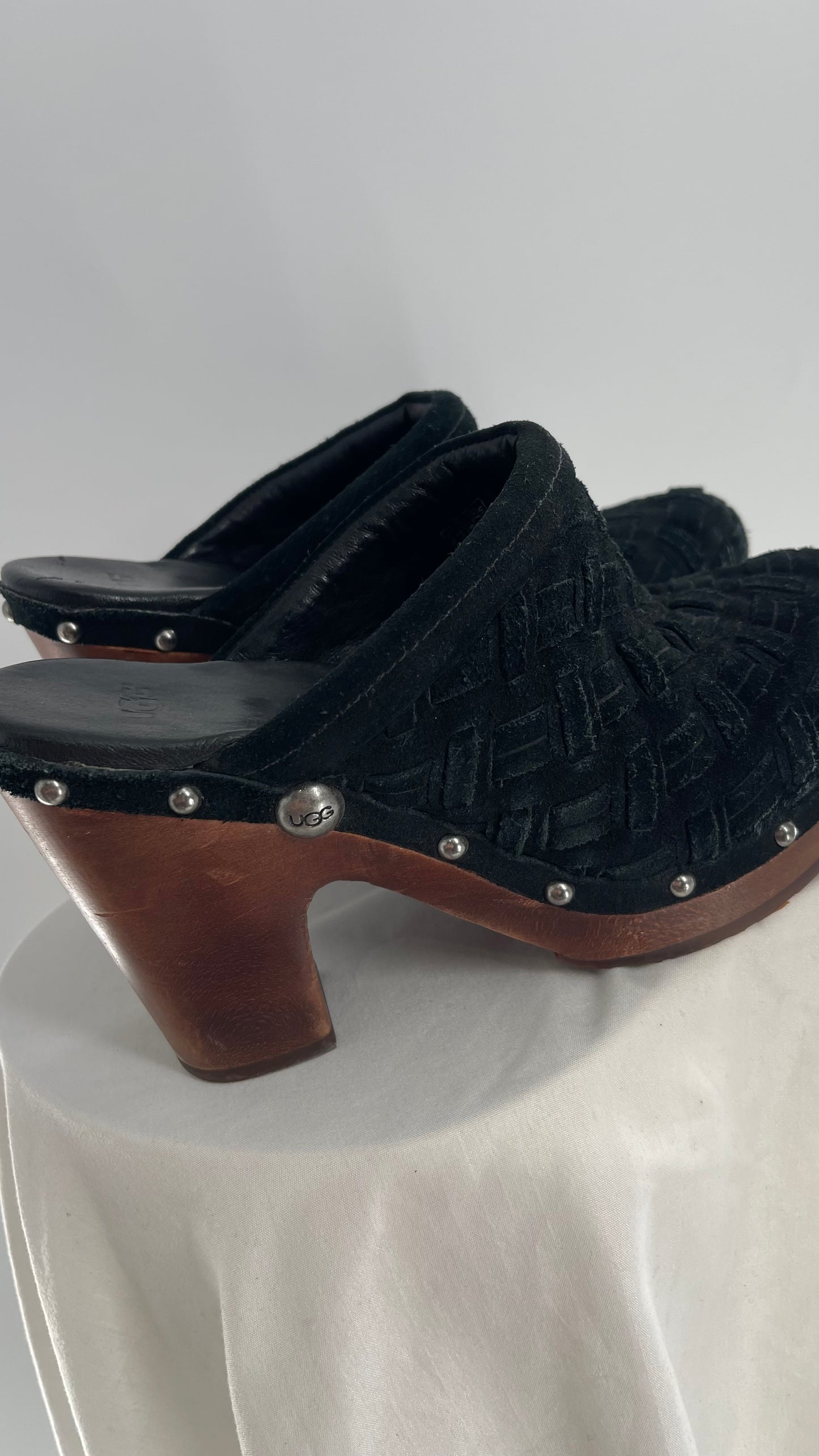 Vintage UGG Black Woven Leather Studded Wooden Heel Clog (8)