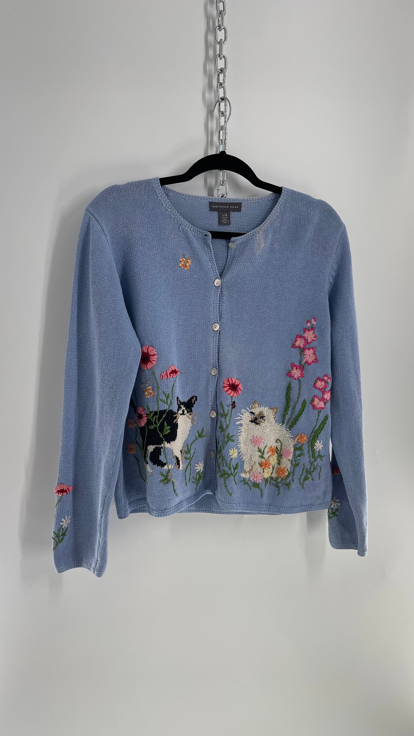 Vintage Northern Isles Powder Blue Kitten in Flower Field Cardigan (Large)