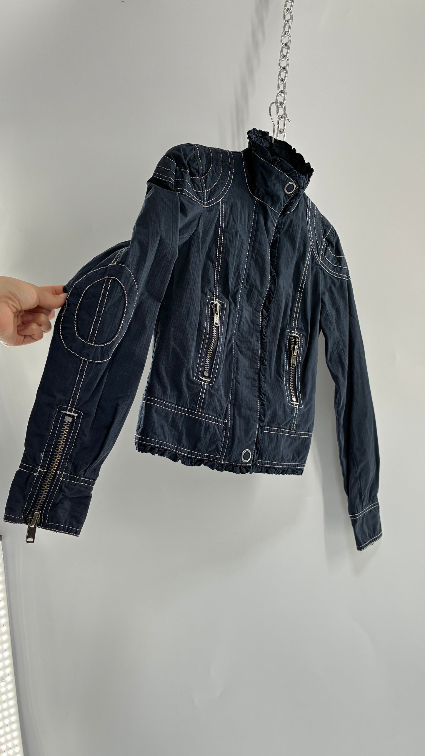 Vintage BCBGirls Navy Blue Canvas Jacket with White Stitching (2)