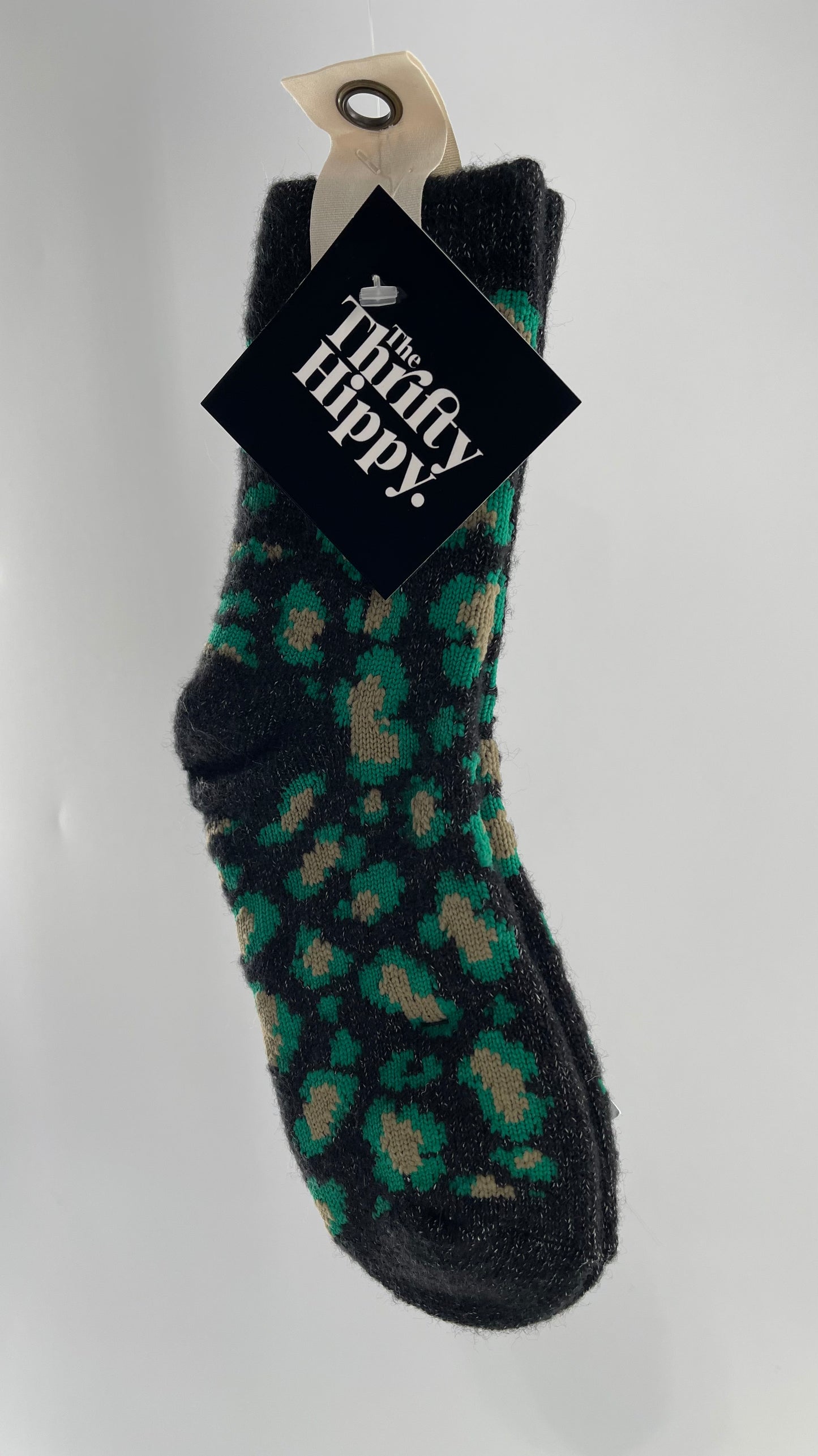 Free People Dark Grey Socks with Green Leopard Pattern