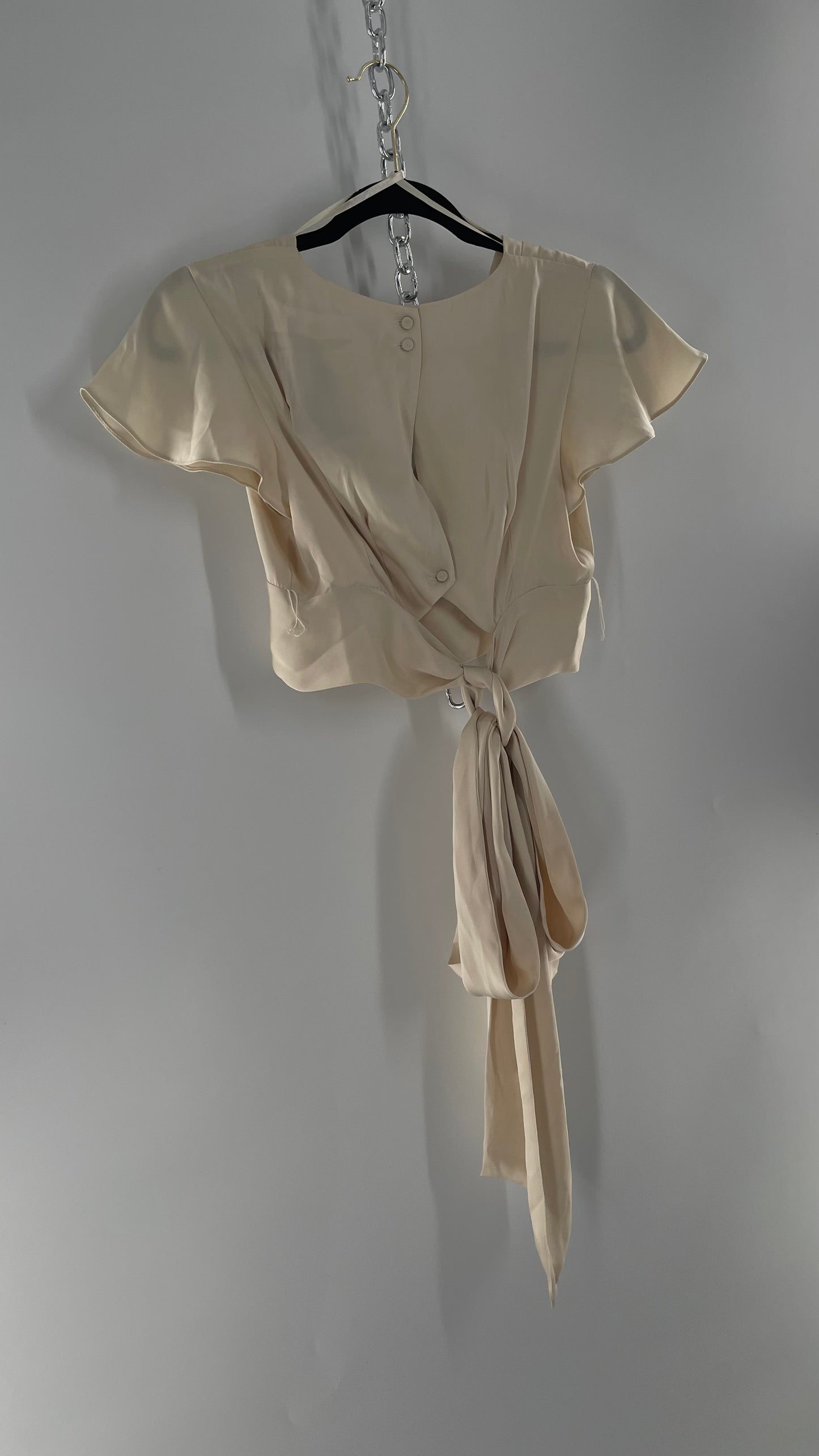 BCBGMAXAZRIA Off White Ivory Satin Tie Around Waist Cropped Blouse with Button Back and Tags Attached (XXS)