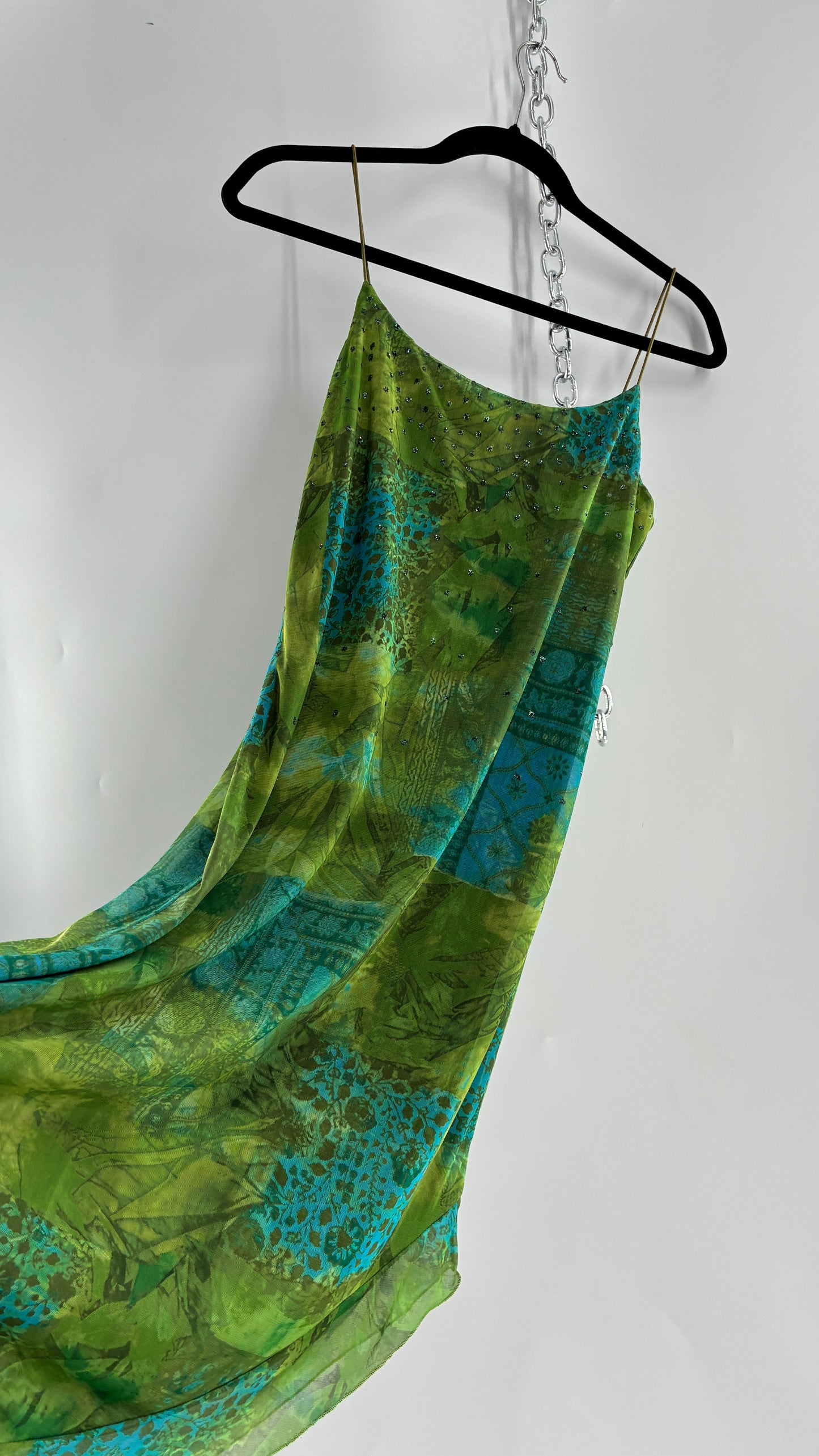 Vintage BYER TOO! CALIFORNIA Green and Blue Patchwork Patterned Midi Dress with Glitter Details and Slanted Cut (Medium)