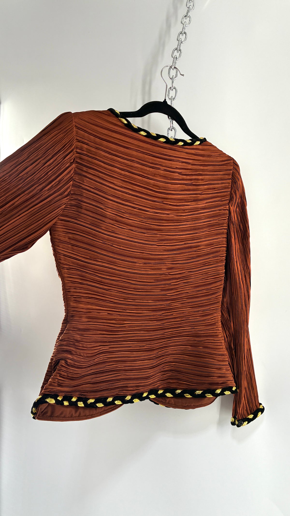 Vintage GEORGE F COUTURE Plissé 2 Piece Burnt Orange Structured Blazer Set with Velour, Gold Rope Detail (6)