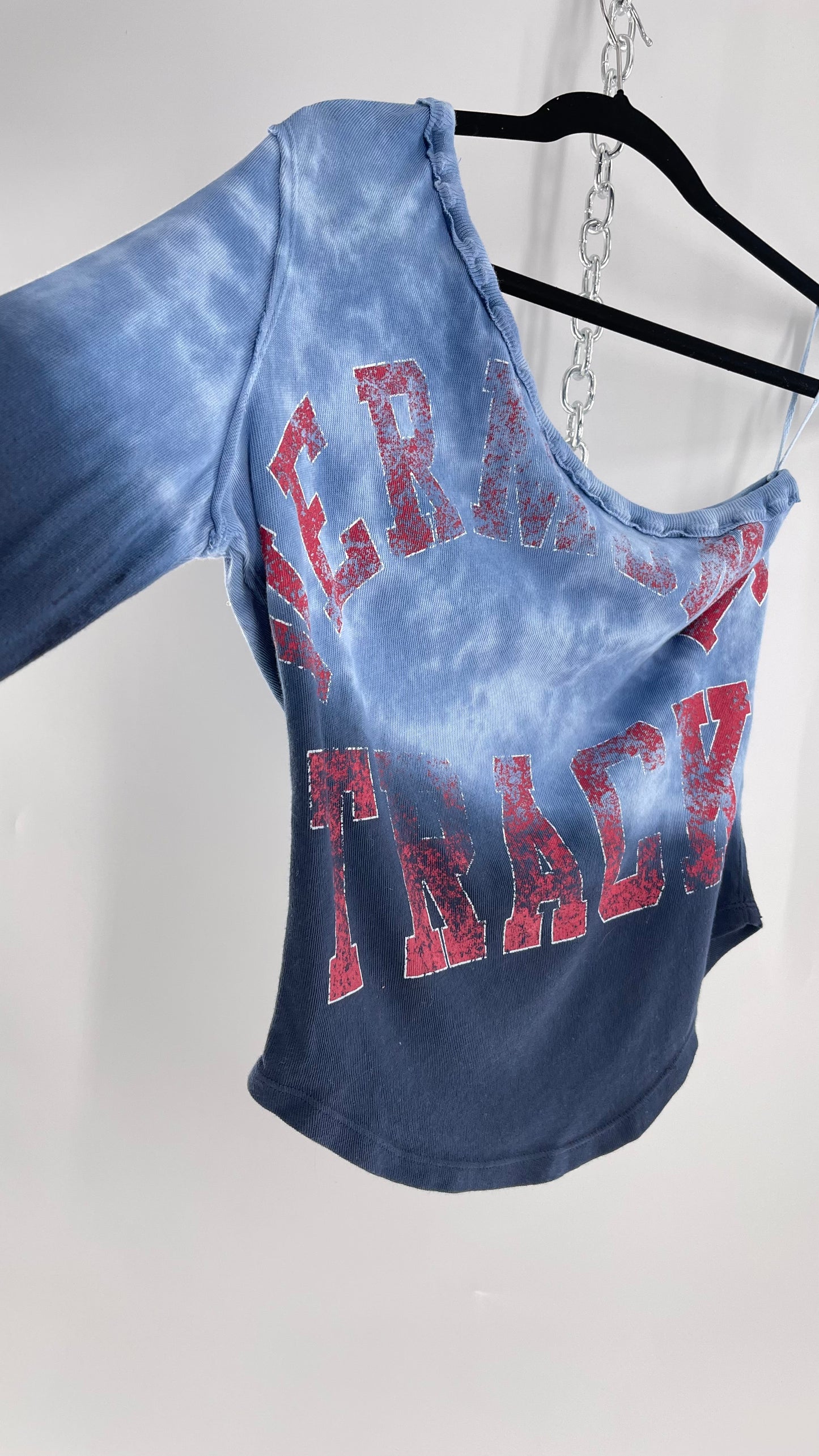 Free People Blue Ombre Tie Dye One Sleeve Top with Track Graphic (Small)