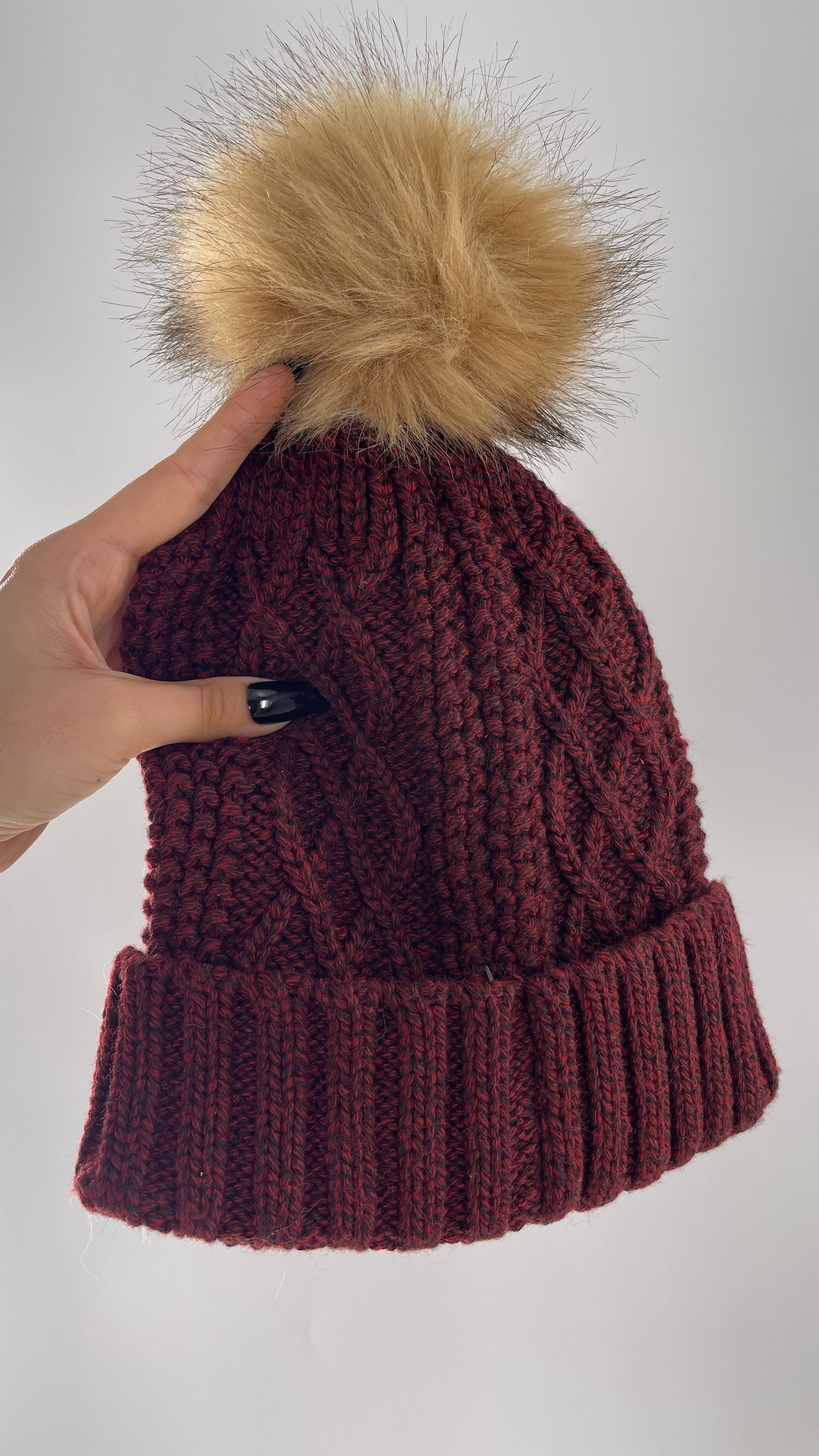 Urban Outfitters Burgundy Knit Beanie with Tan Faux Fur Pom