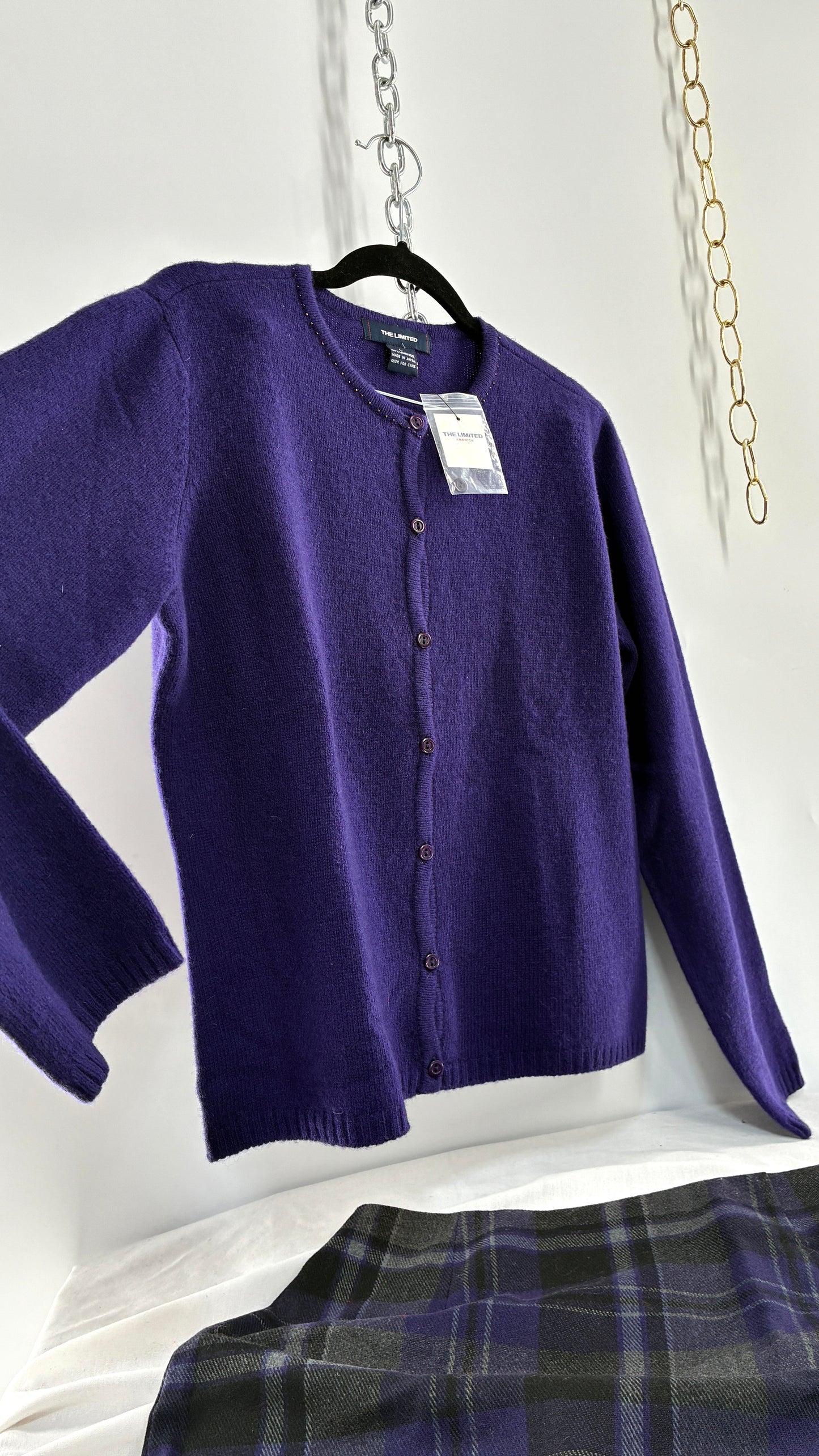 Deadstock Vintage THE LIMITED Japanese 100% Lambswool Purple Cardigan and Plaid Mini Skirt Set (L,10)