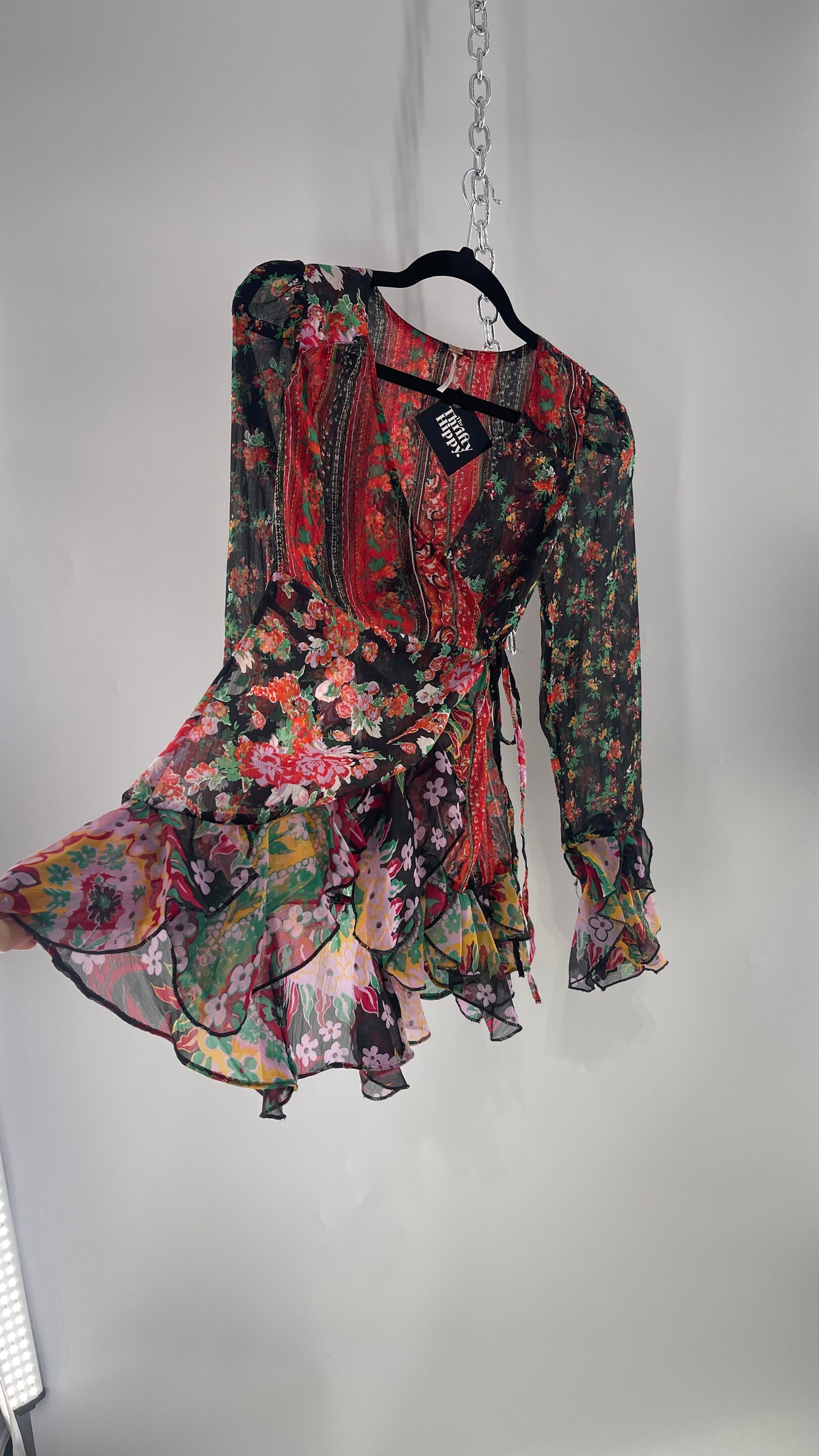 Free People Black Colorful Floral Tie Front Blouse with Ruffled Sleeves and Hem(XS)