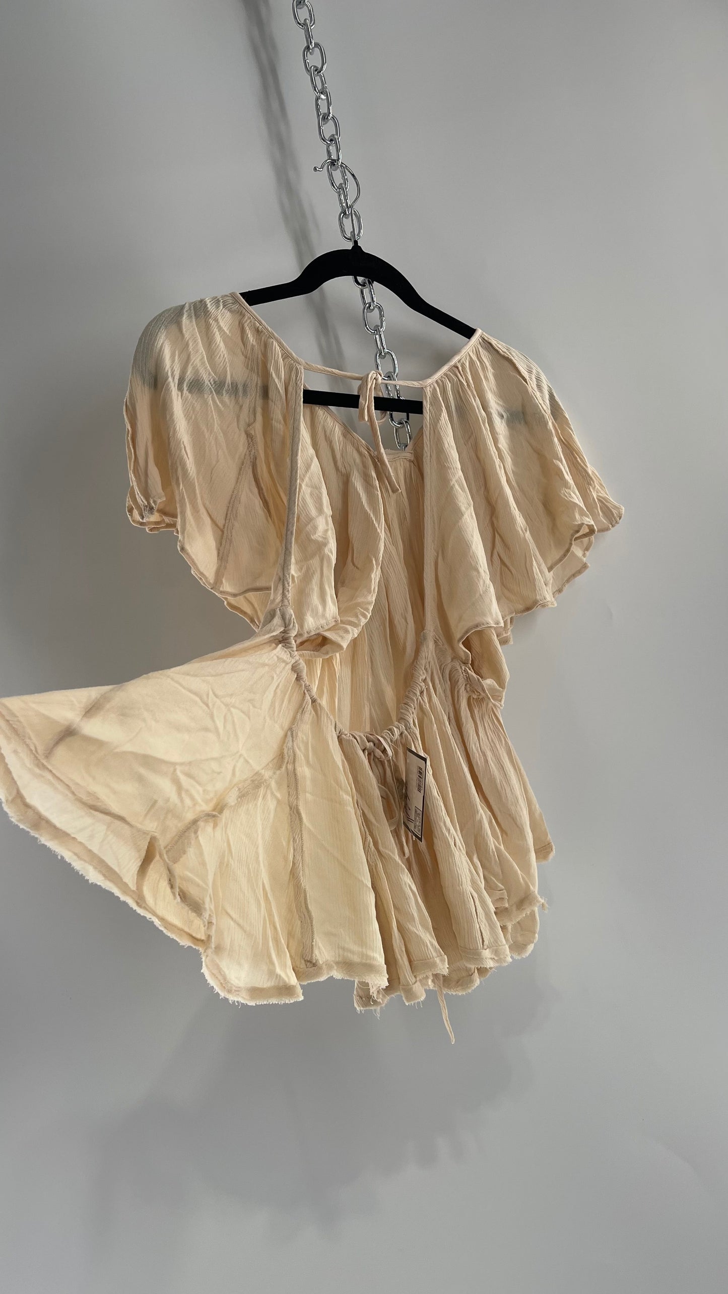 Free People Beige Open Back Drape Sleeve Blouse (XS)