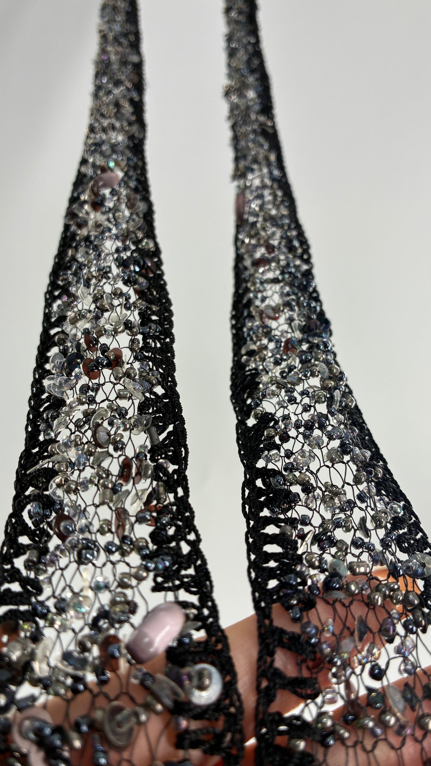 Vintage Black Netted + Crochet Scarf Necklace Covered in Heavy Beading