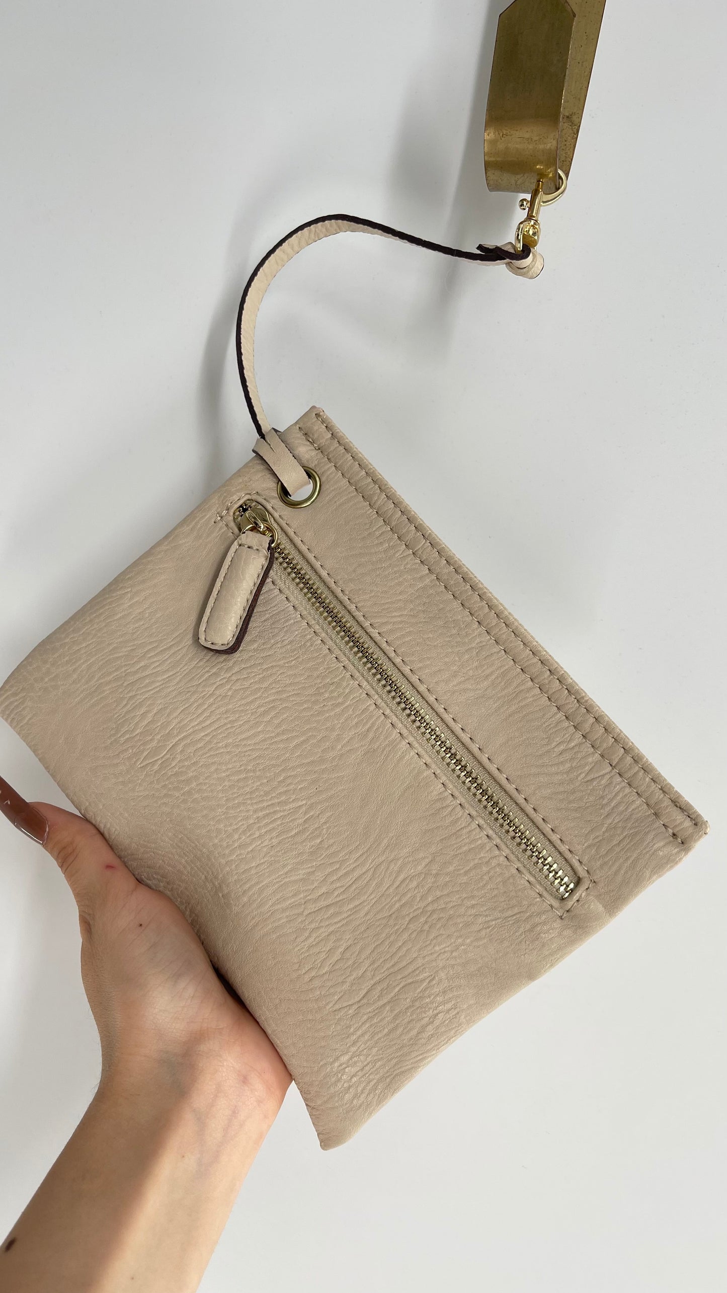 Beige Vegan Leather Attachable Zipper Pouch