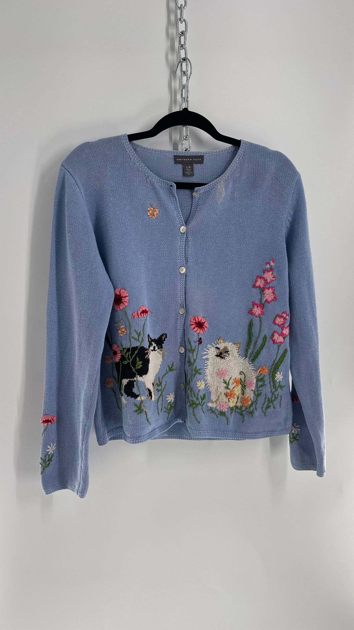 Vintage Northern Isles Powder Blue Kitten in Flower Field Cardigan (Large)