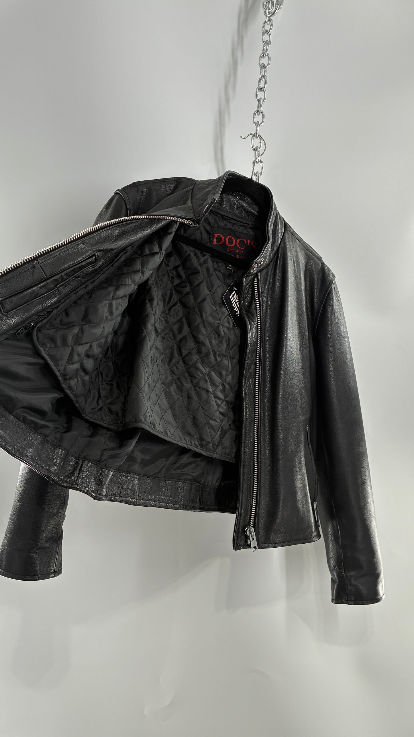 Vintage DOC’s Black Thick Leather Jacket with Removable Quilted Lining, Zippered Sides and Heavy Metal Details (Medium)