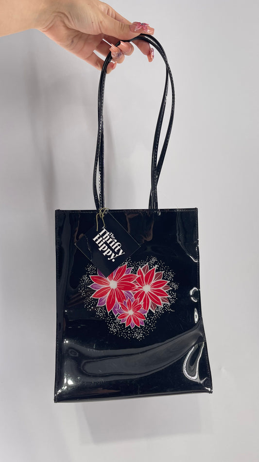 Deadstock Vintage Black Plastic Tote with Red Floral Heart