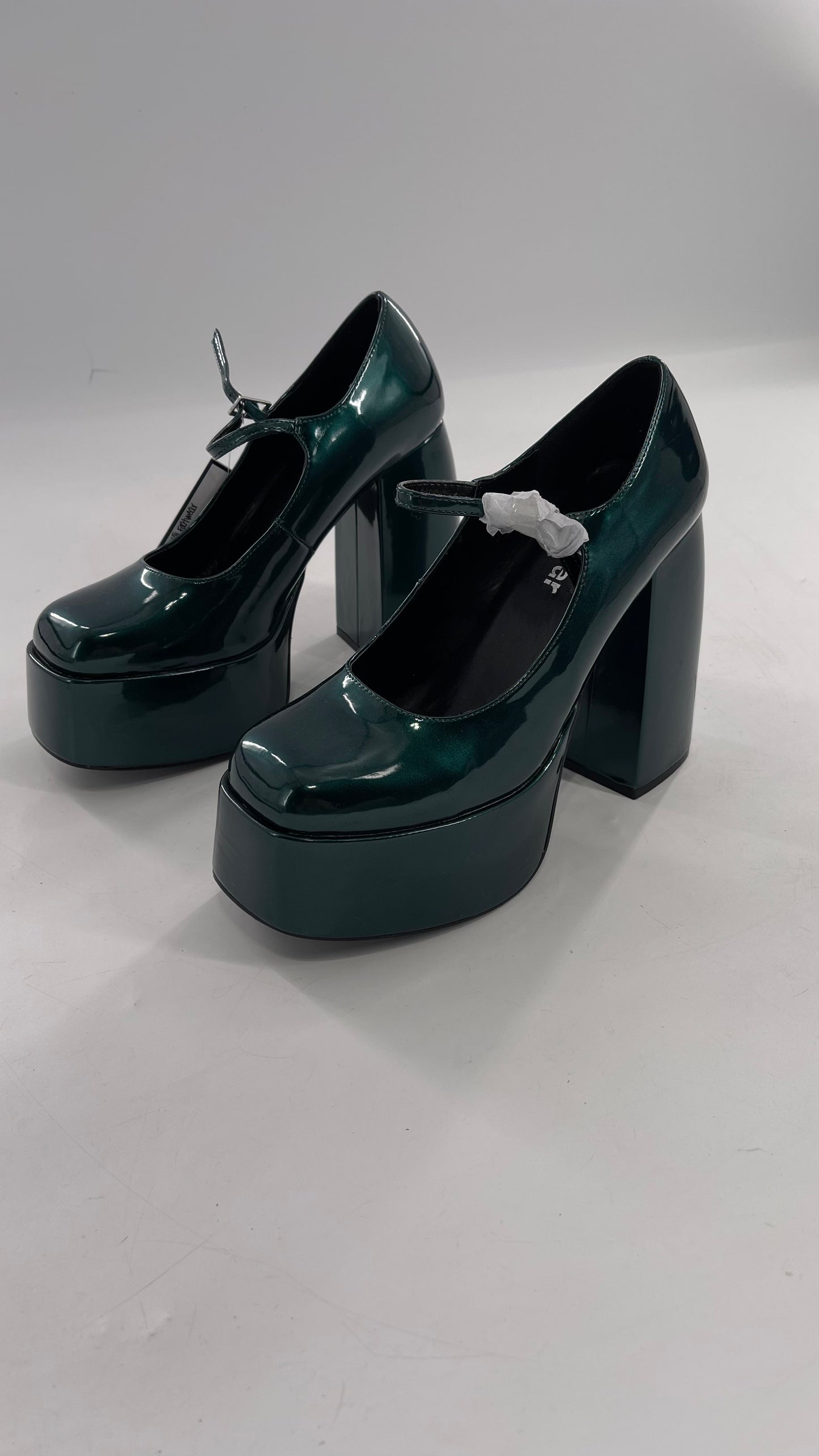 KOI FOOTWEAR Patent Emerald Green Platform Chunky Heel Mary Janes (9/39)